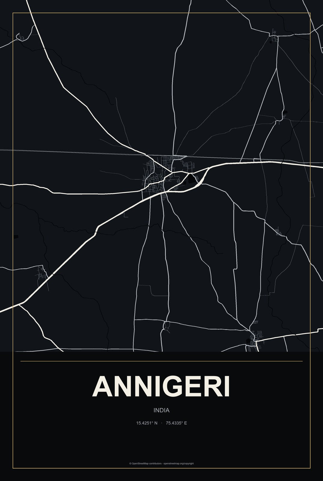 Annigeri, India City Map Aluminum Sign in Metropolitan Noir style