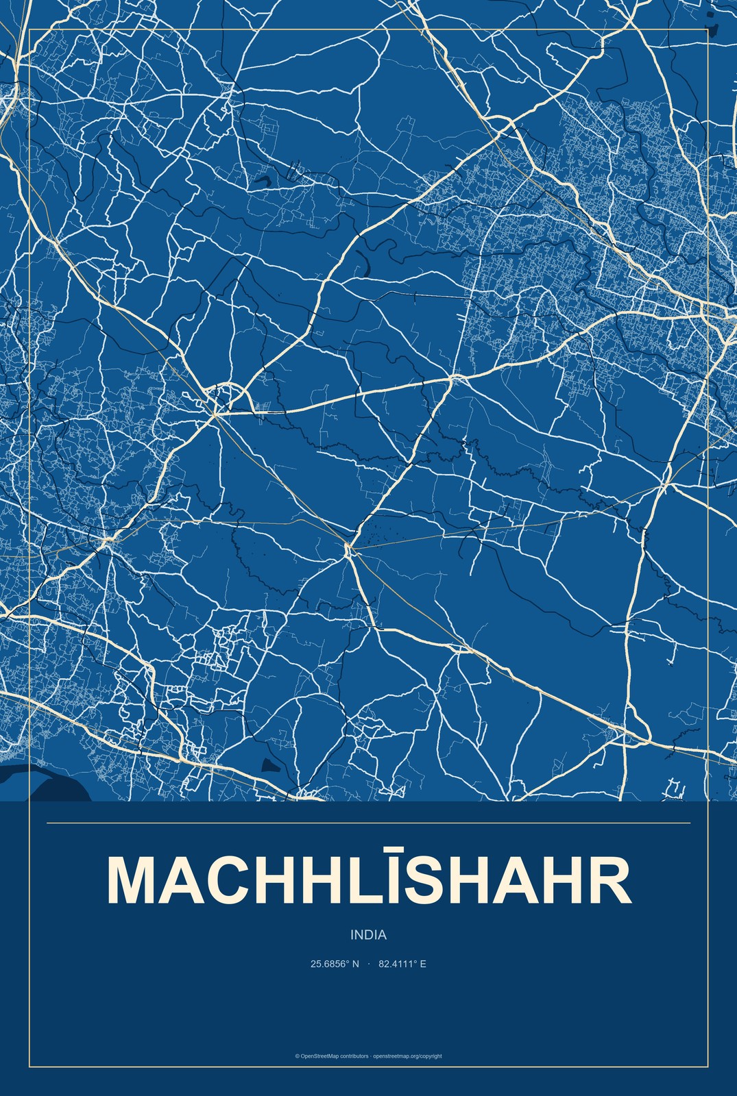 Machhlīshahr, India City Map Aluminum Sign in Harbor Cobalt style