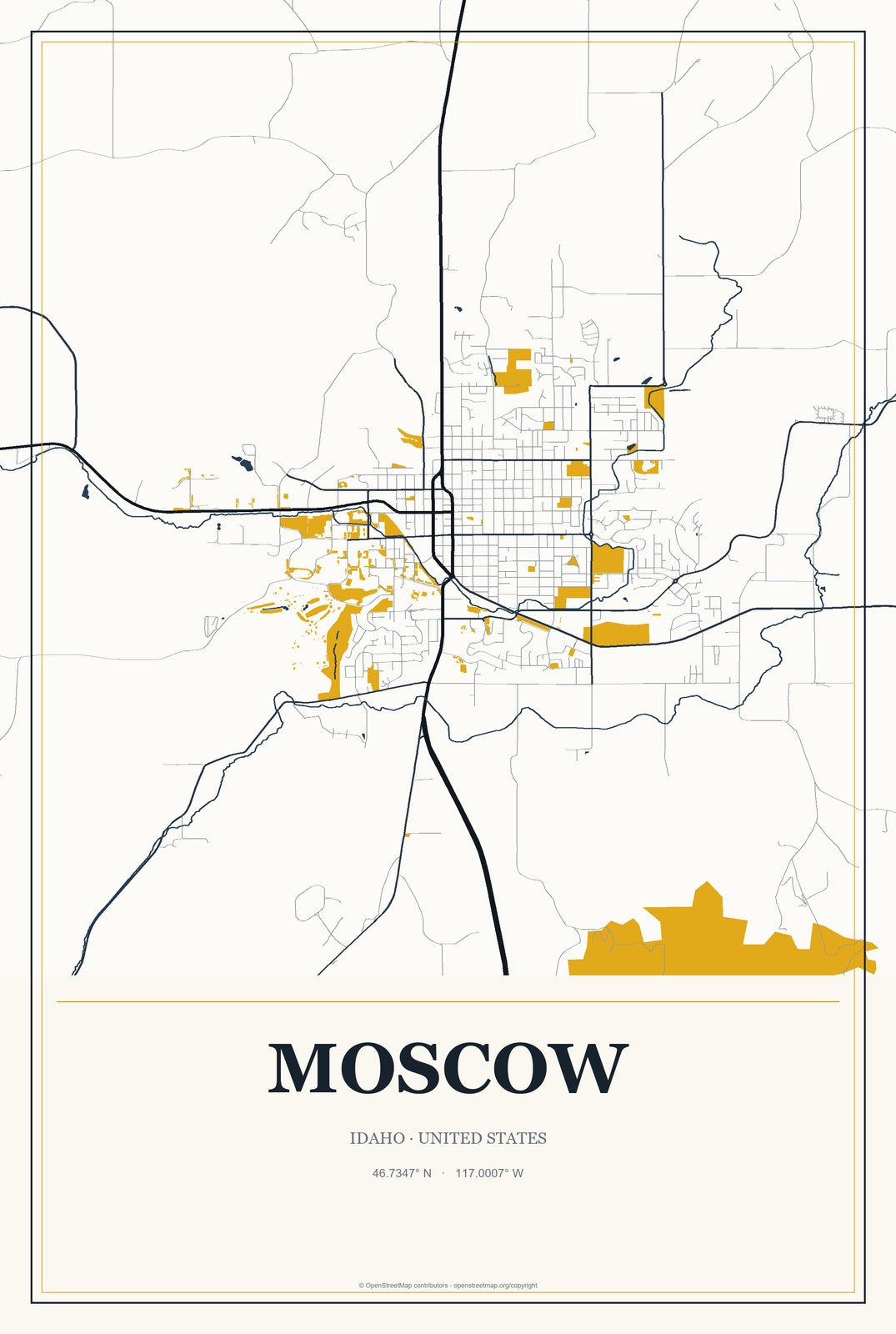 Moscow, Idaho City Map Aluminum Sign in Citrine Modern style