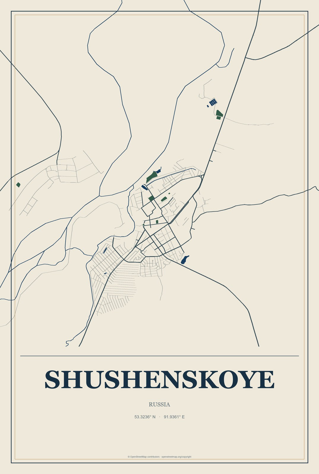 Shushenskoye, Russia City Map Aluminum Sign in Coastal Cutout style