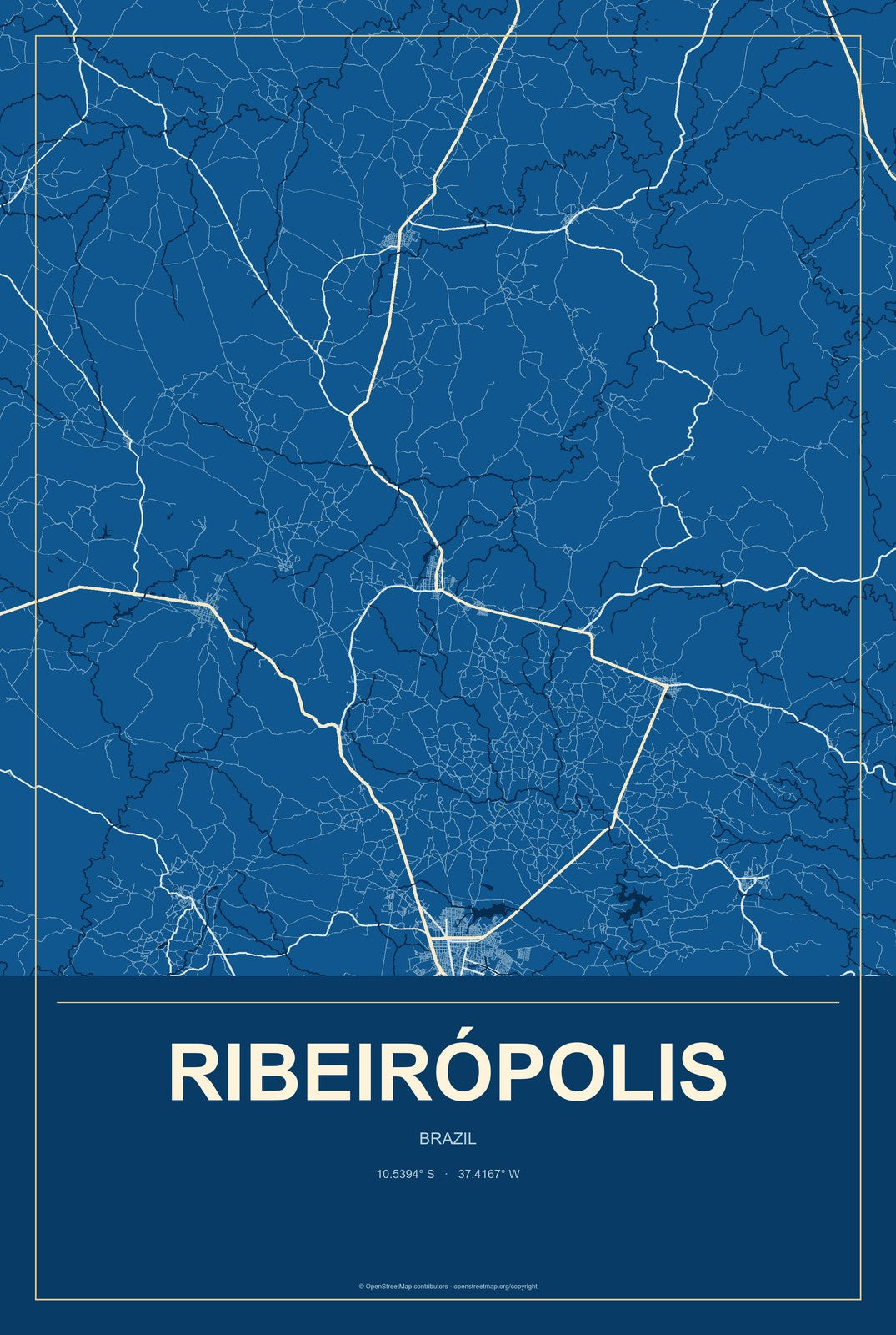 Ribeirópolis, Brazil City Map Aluminum Sign in Harbor Cobalt style