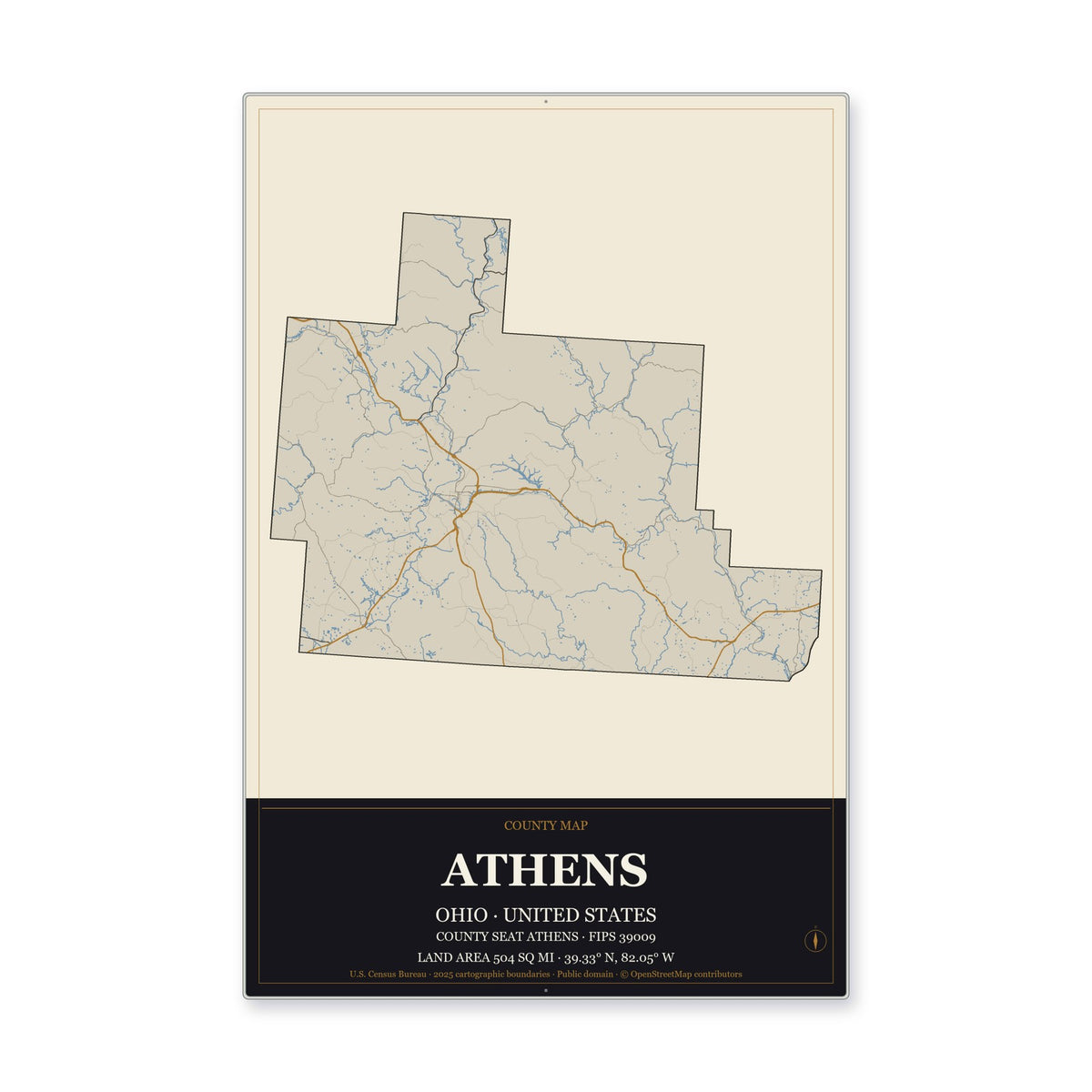 Athens County, Ohio Map Aluminum Sign in Museum Plaque style