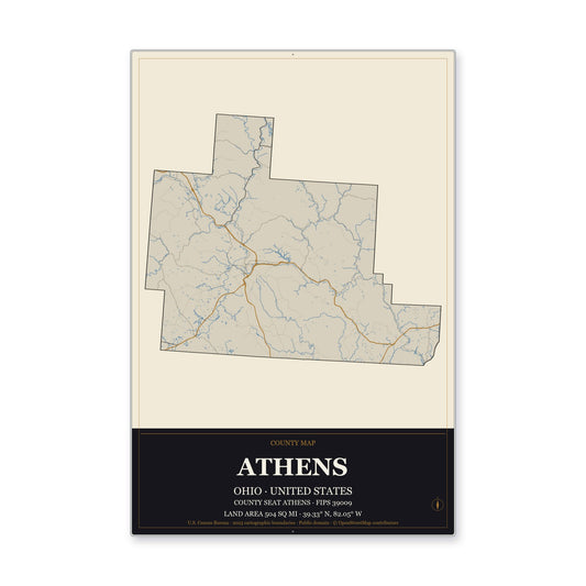 Athens County, Ohio Map Aluminum Sign in Museum Plaque style