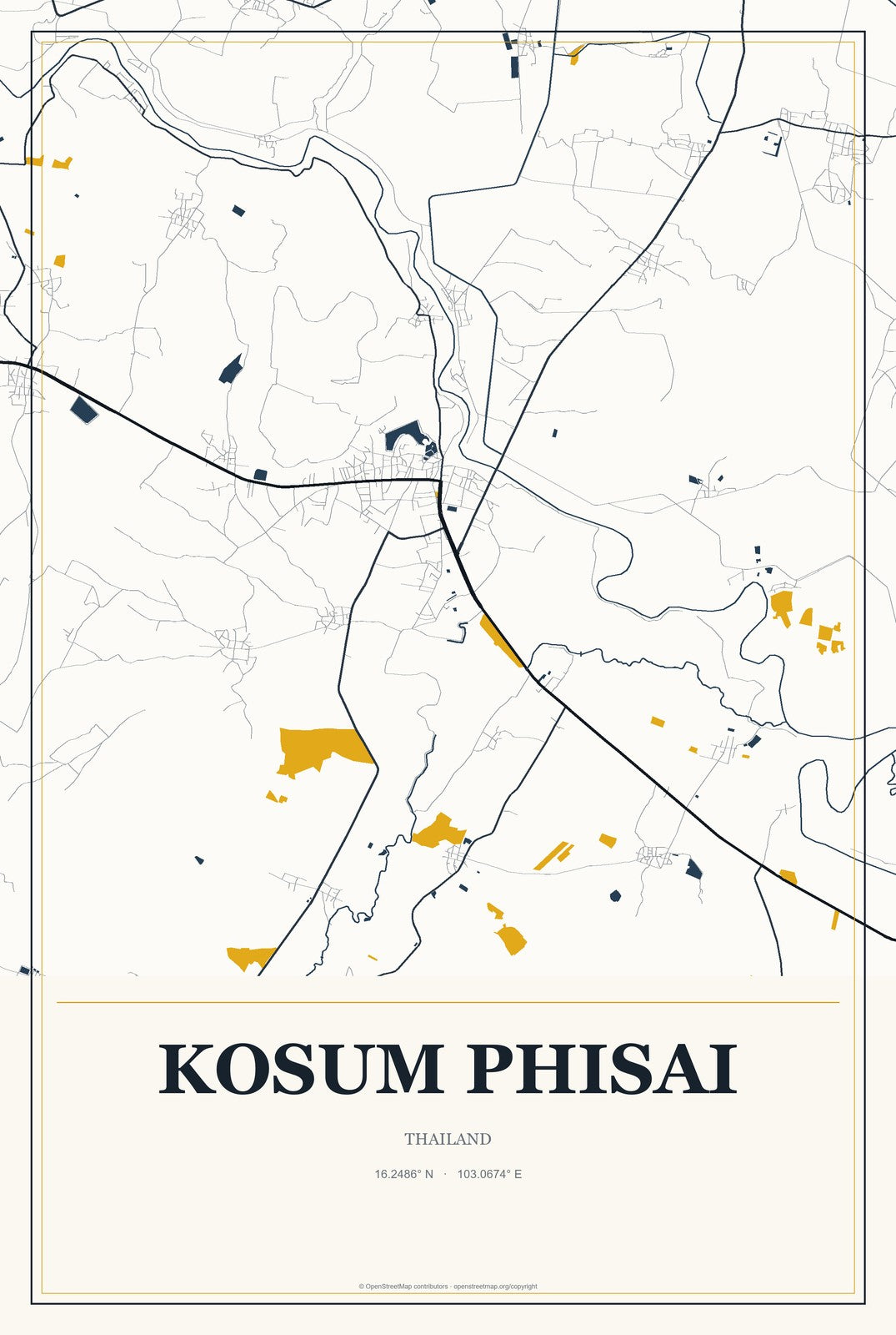 Kosum Phisai, Thailand City Map Aluminum Sign in Citrine Modern style