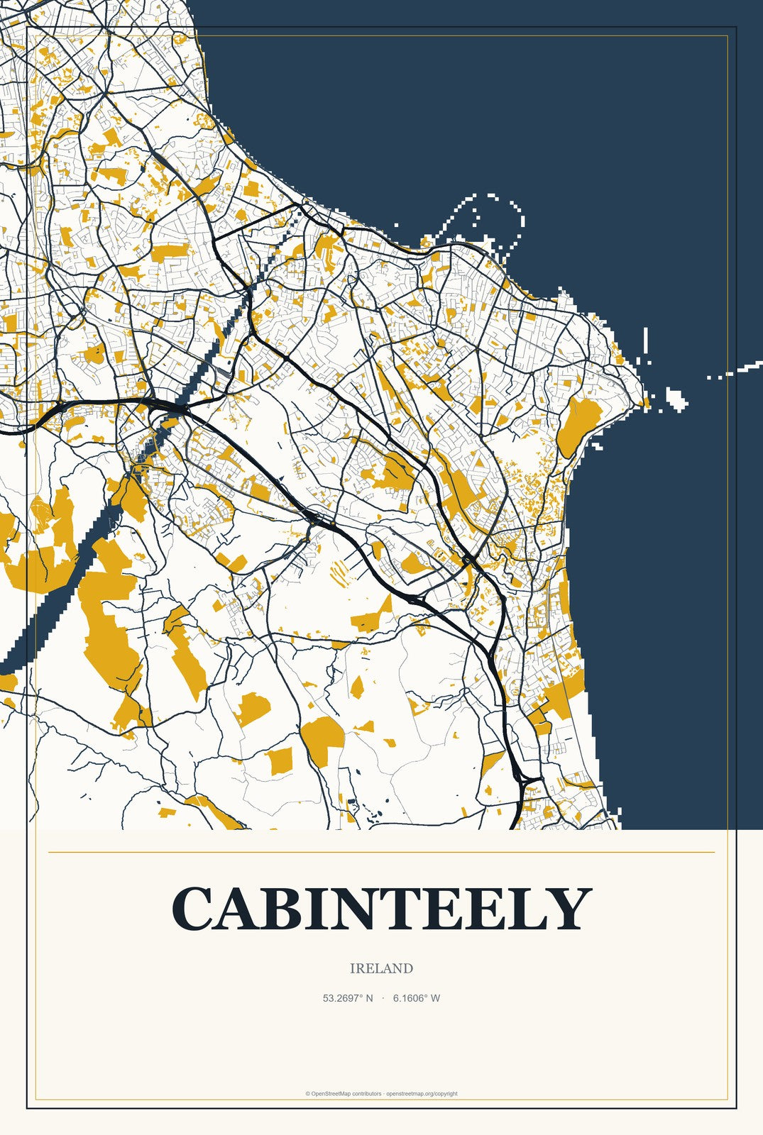 Cabinteely, Ireland City Map Aluminum Sign in Citrine Modern style