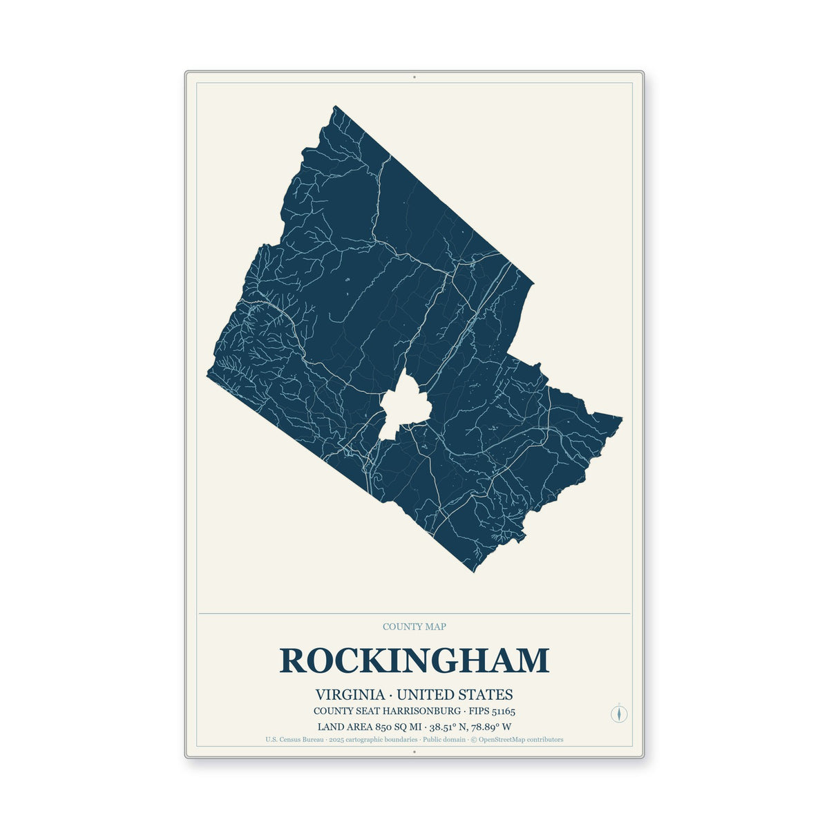 Rockingham County, Virginia Map Aluminum Sign in Coastal Cutout style