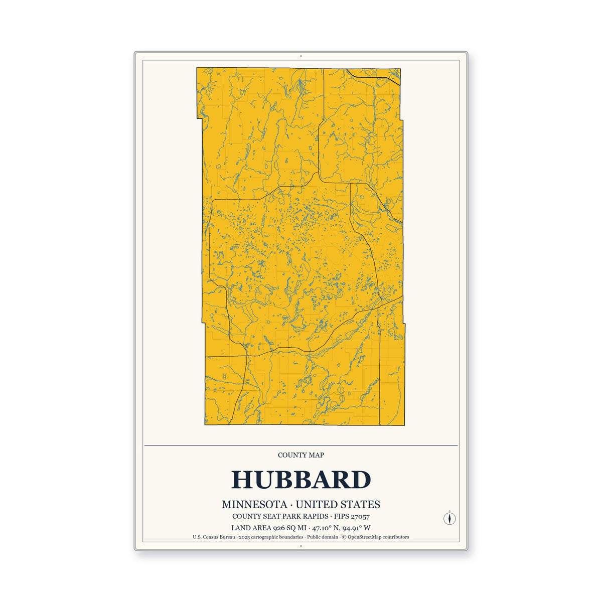 Hubbard County, Minnesota Map Aluminum Sign in Citrine Modern style