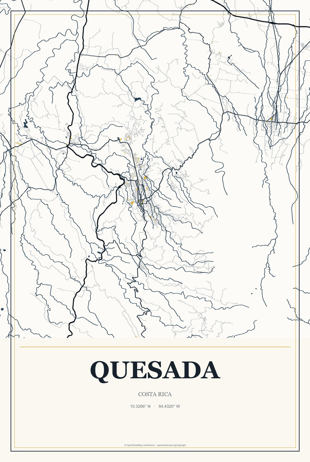 Quesada, Costa Rica City Map Aluminum Sign in Citrine Modern style