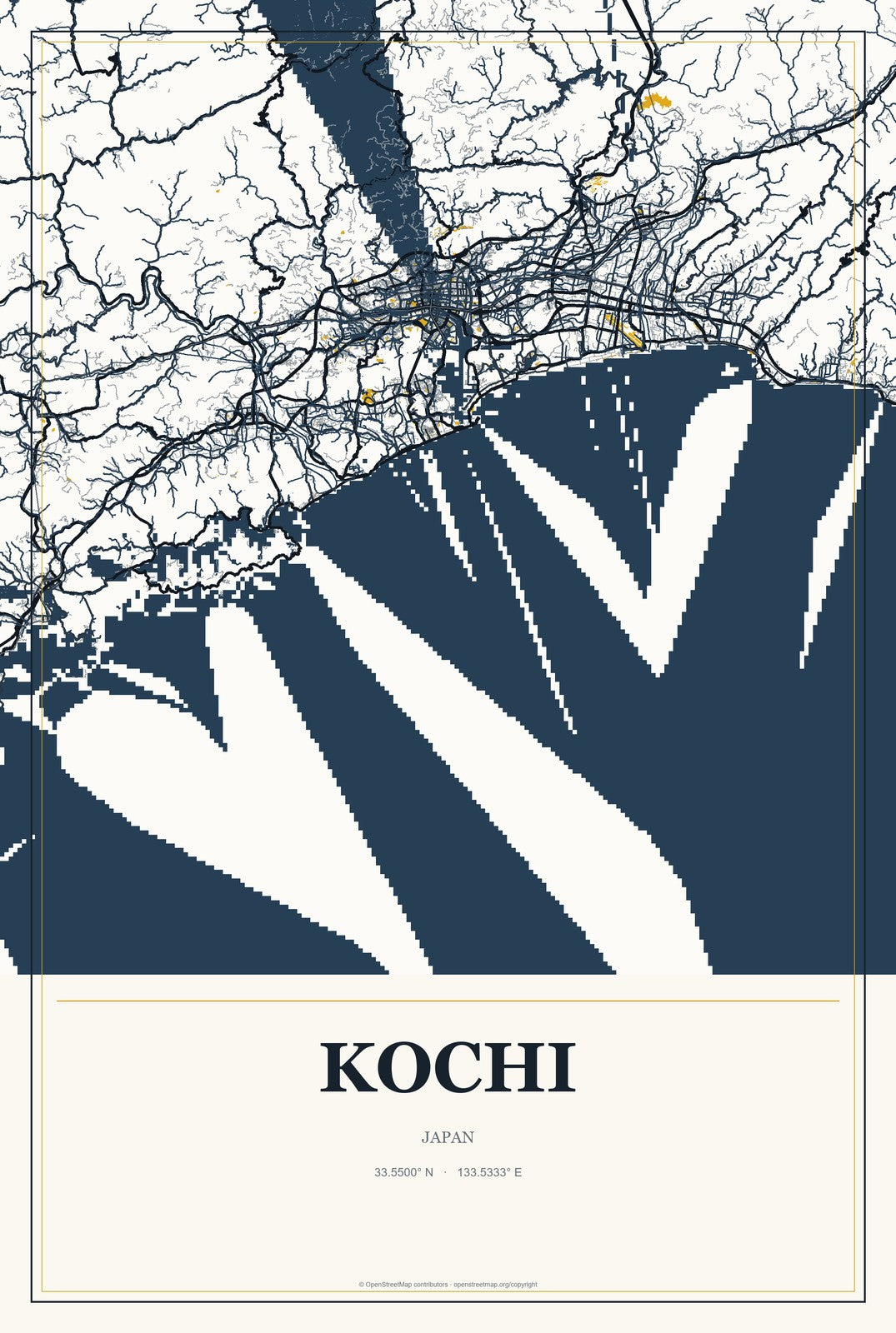 Kochi, Japan City Map Aluminum Sign in Citrine Modern style