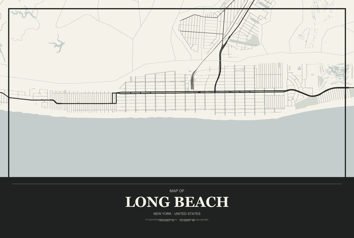 Long Beach, New York City Map Aluminum Sign in Museum Plaque style