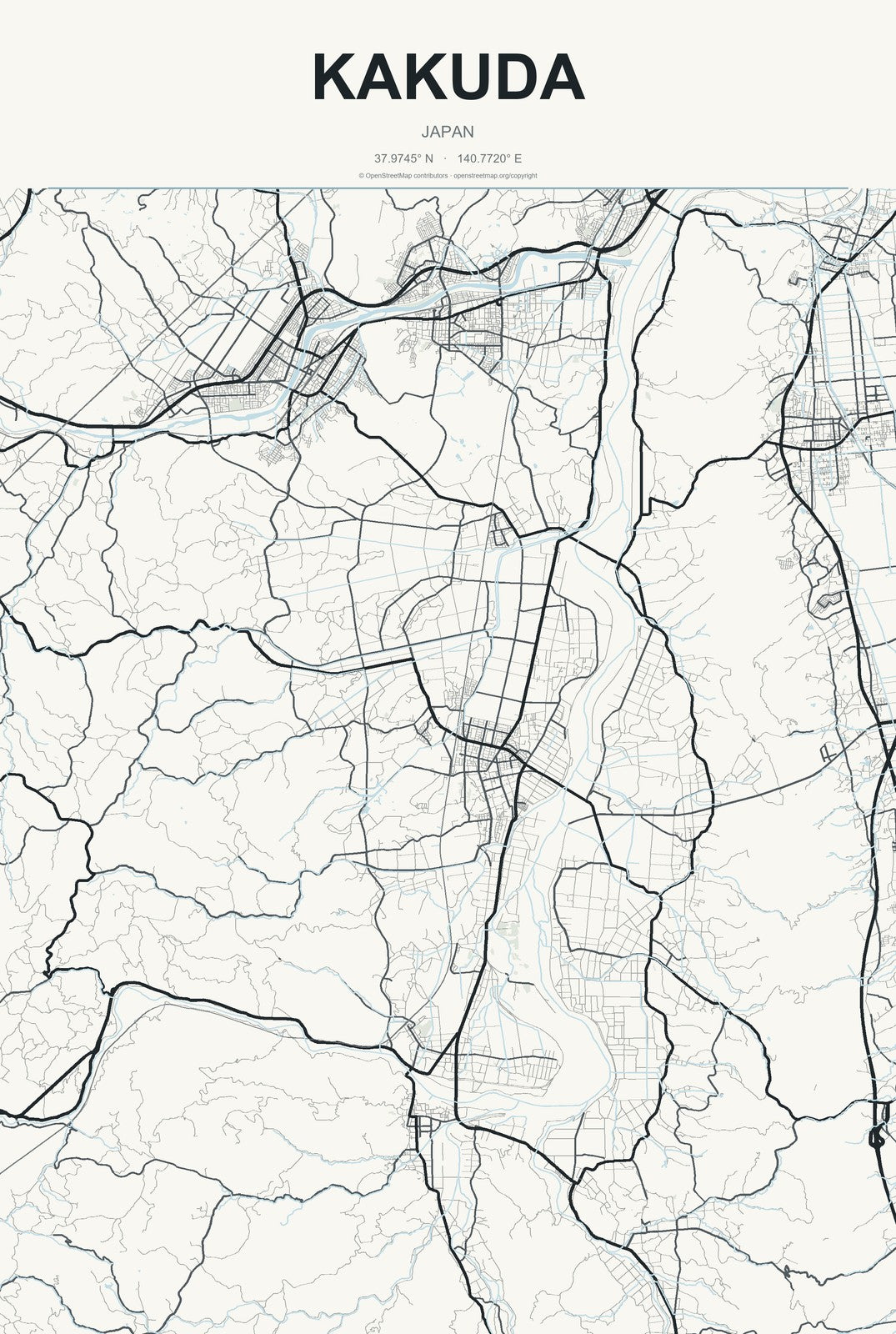 Kakuda, Japan City Map Aluminum Sign in Headline Atlas style