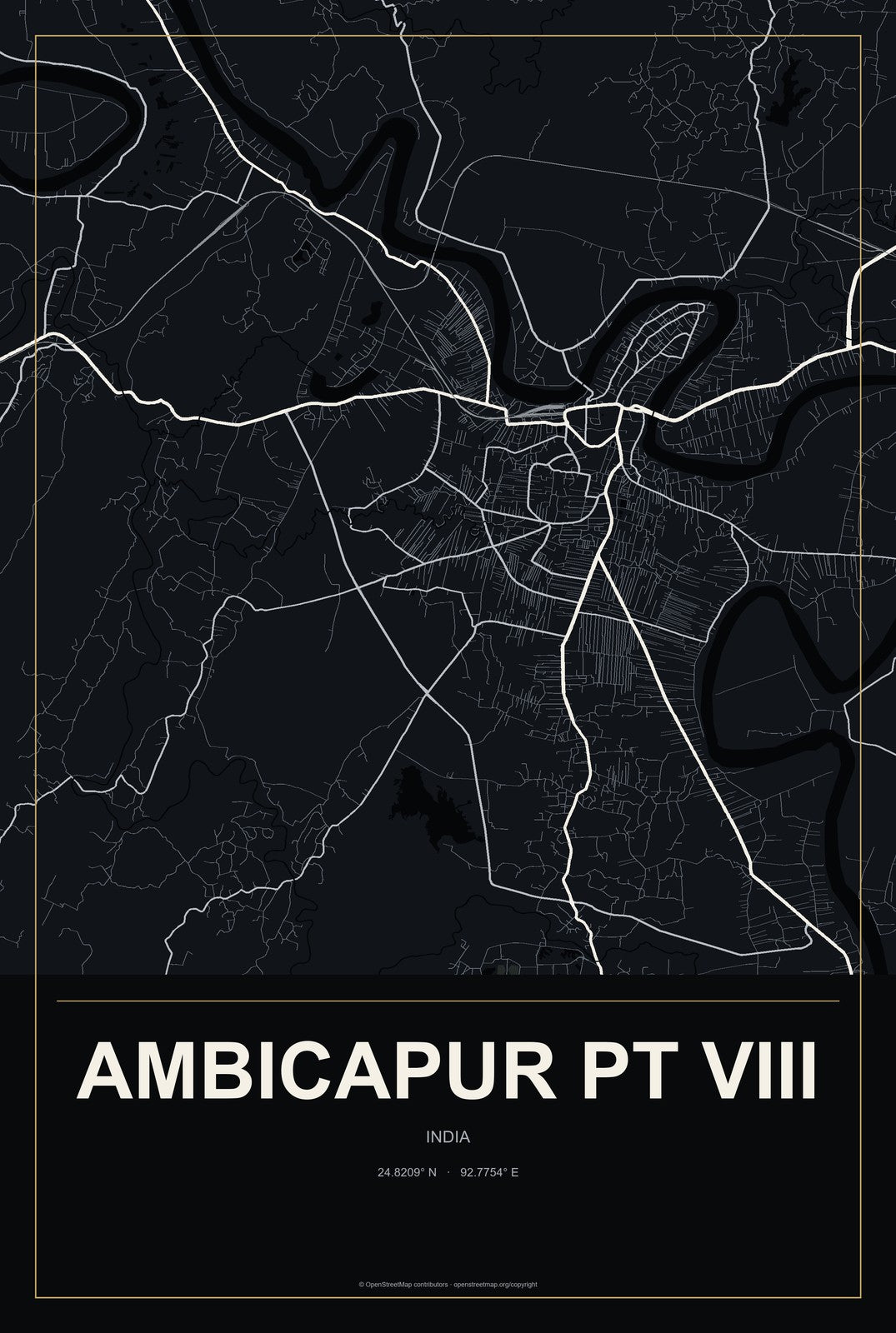 Ambicapur Pt VIII, India City Map Aluminum Sign in Metropolitan Noir style