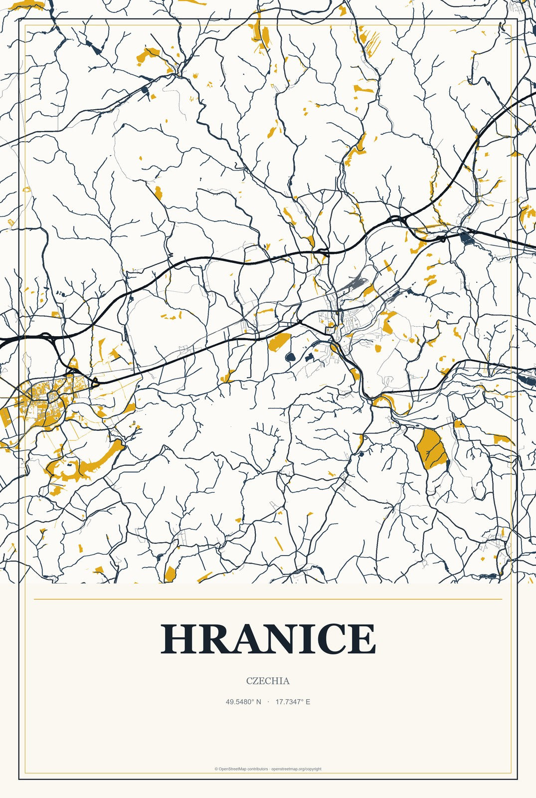 Hranice, Czechia City Map Aluminum Sign in Citrine Modern style