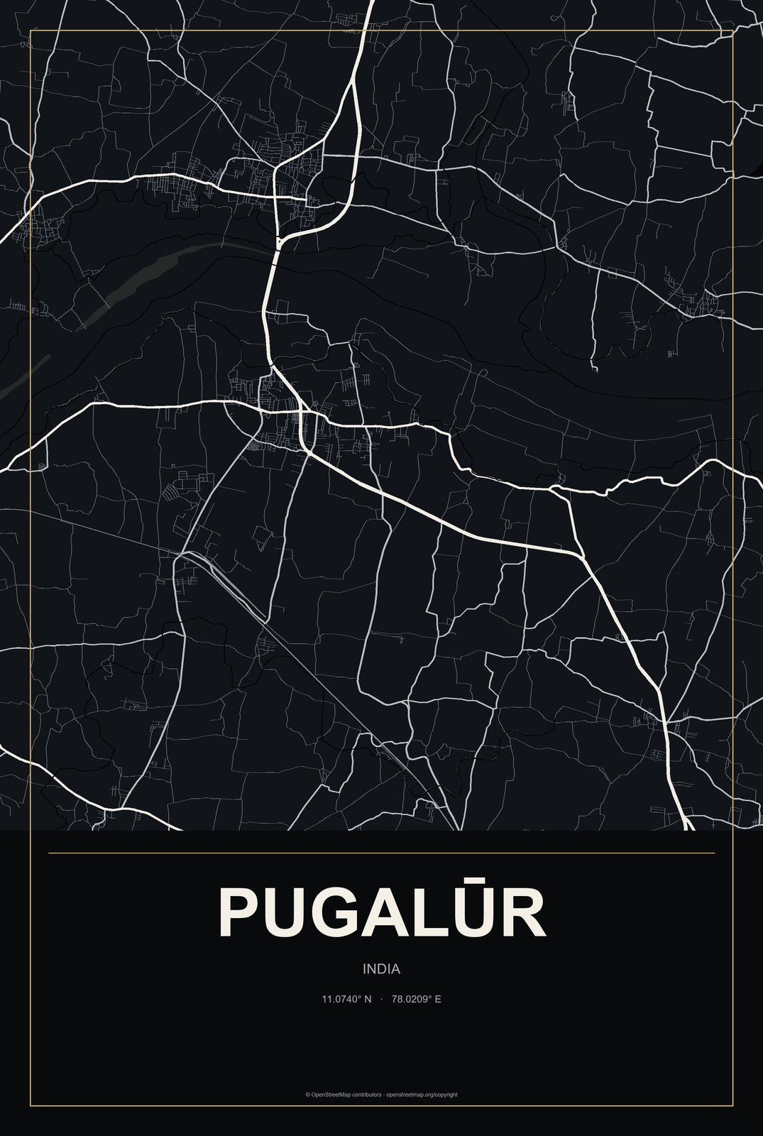 Pugalūr, India City Map Aluminum Sign in Metropolitan Noir style