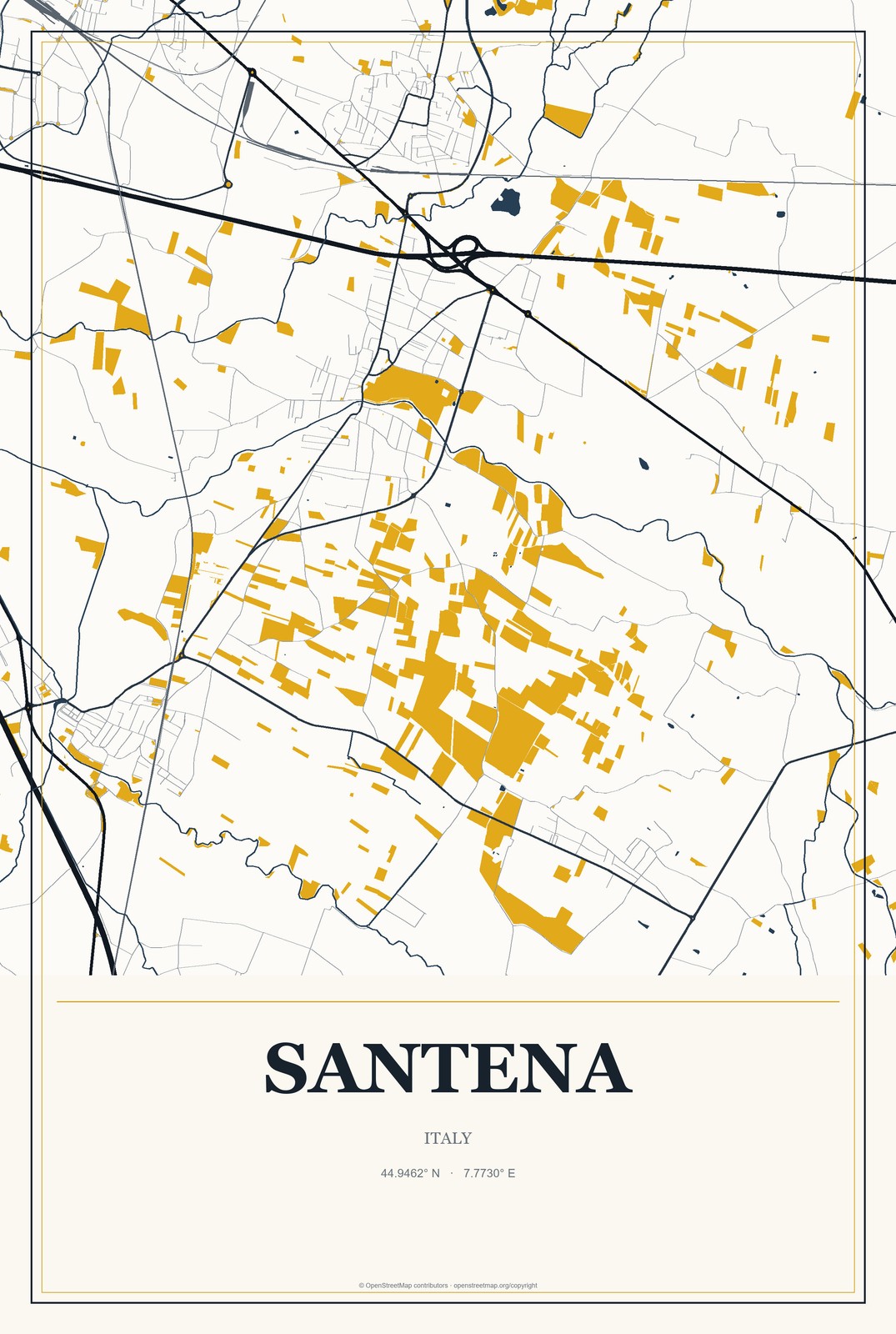 Santena, Italy City Map Aluminum Sign in Citrine Modern style