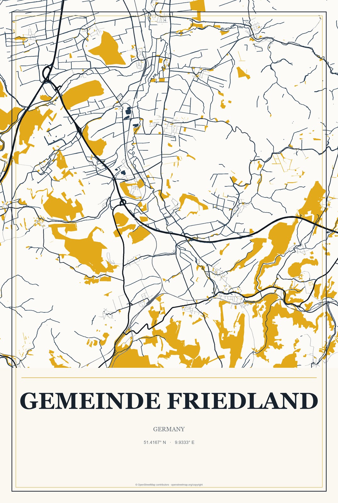 Gemeinde Friedland, Germany City Map Aluminum Sign in Citrine Modern style