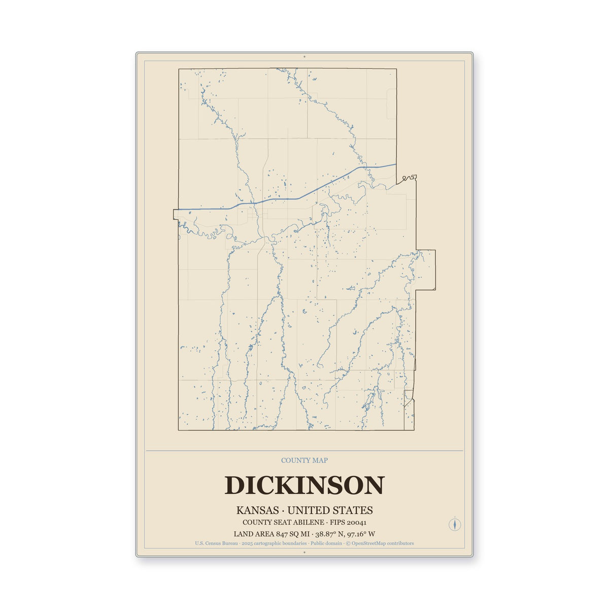 Dickinson County, Kansas Map Aluminum Sign in Heritage Nautical style