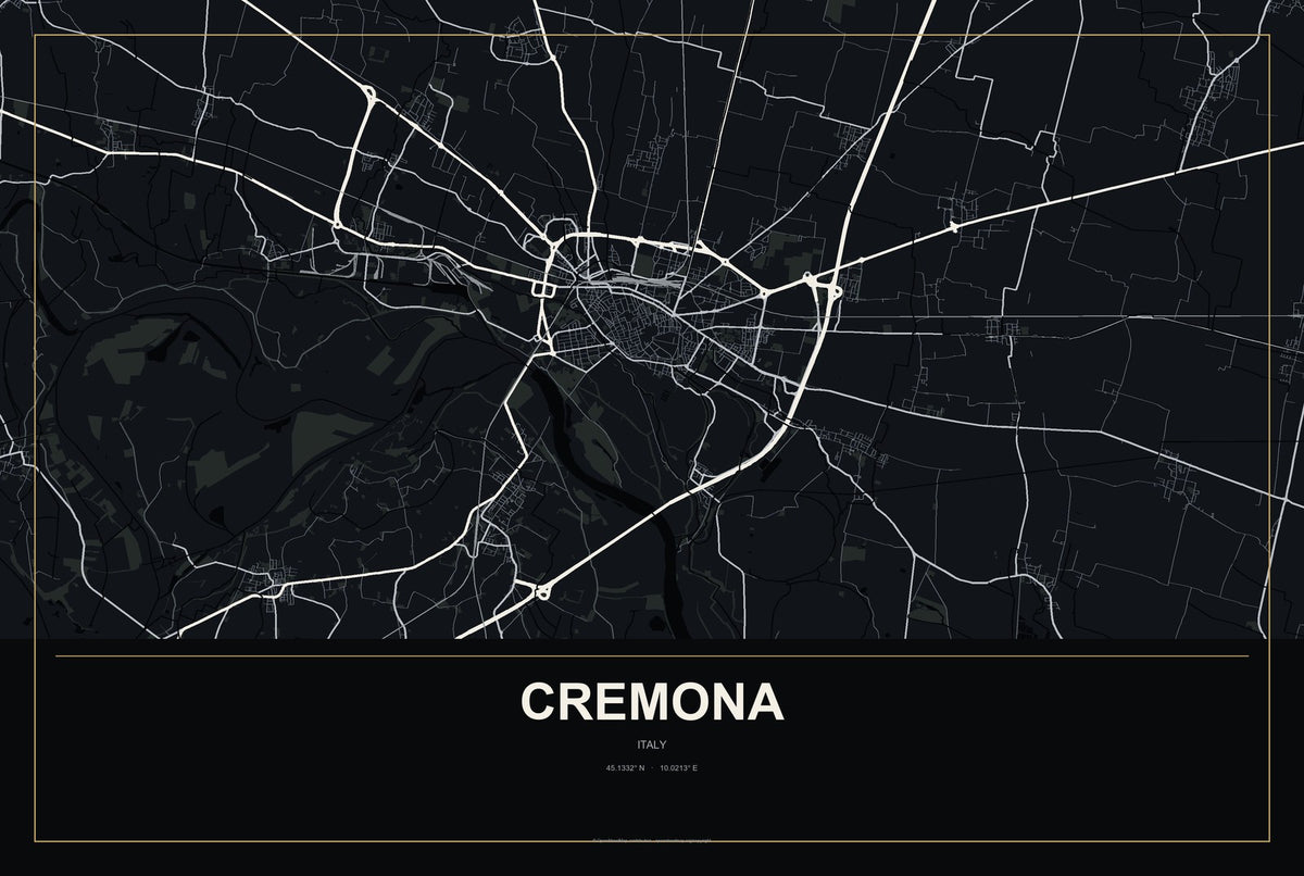 Cremona, Italy City Map Aluminum Sign in Metropolitan Noir style