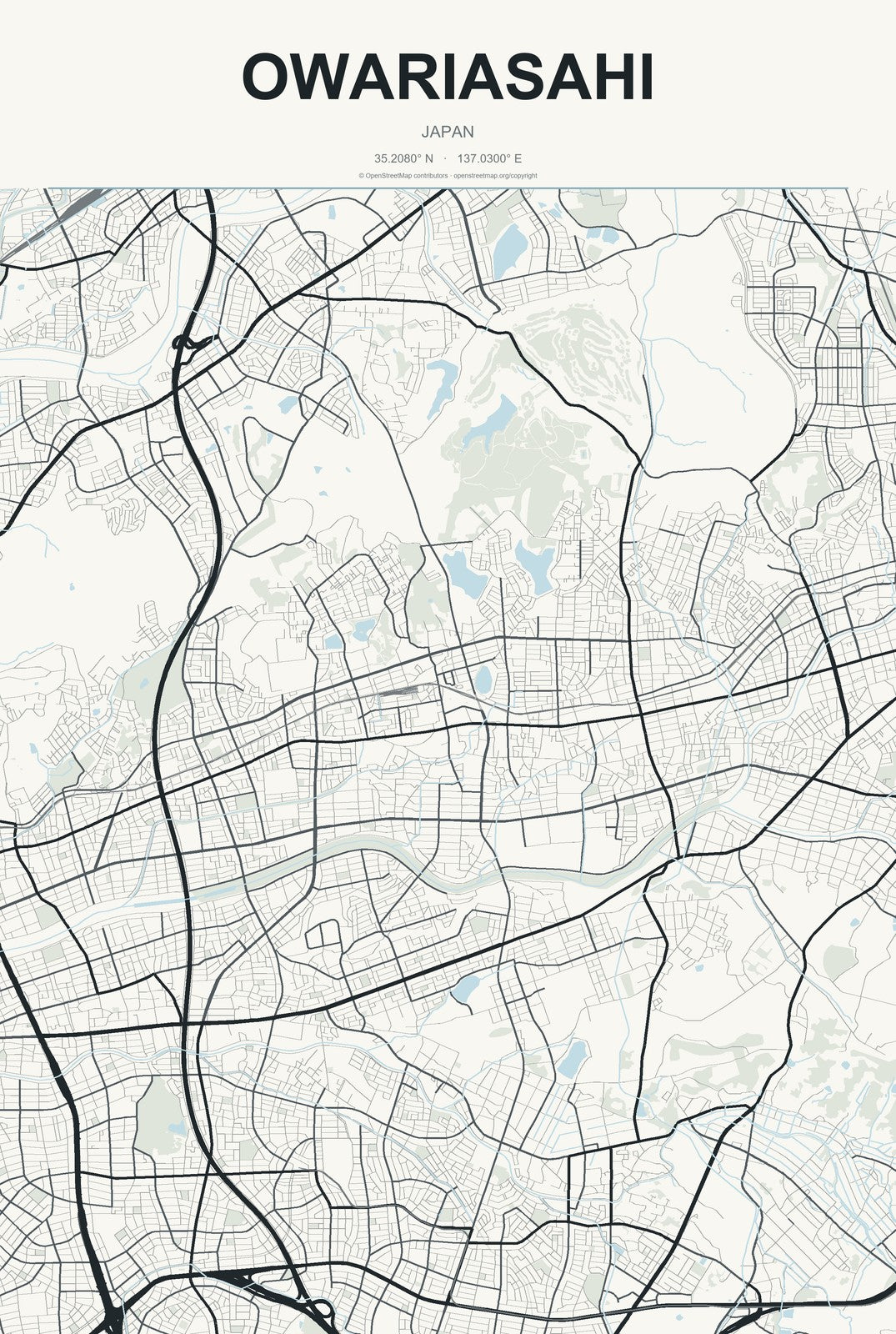 Owariasahi, Japan City Map Aluminum Sign in Headline Atlas style