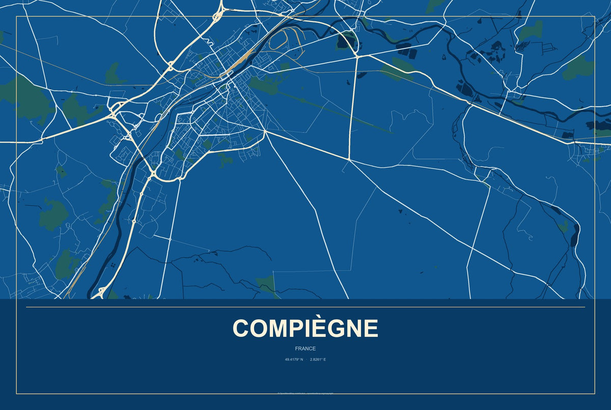 Compiègne, France City Map Aluminum Sign in Harbor Cobalt style