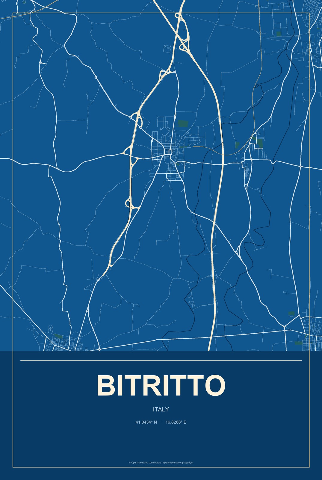 Bitritto, Italy City Map Aluminum Sign in Harbor Cobalt style