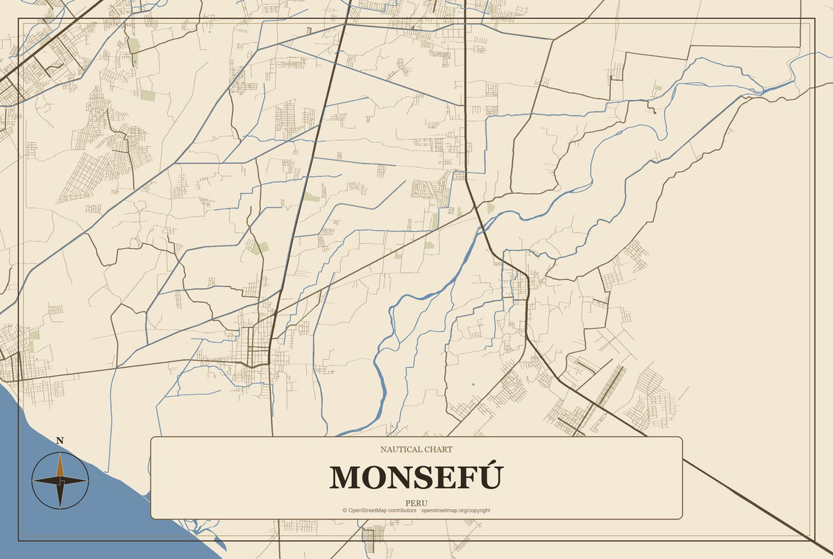 Monsefú, Peru City Map Aluminum Sign in Heritage Nautical style