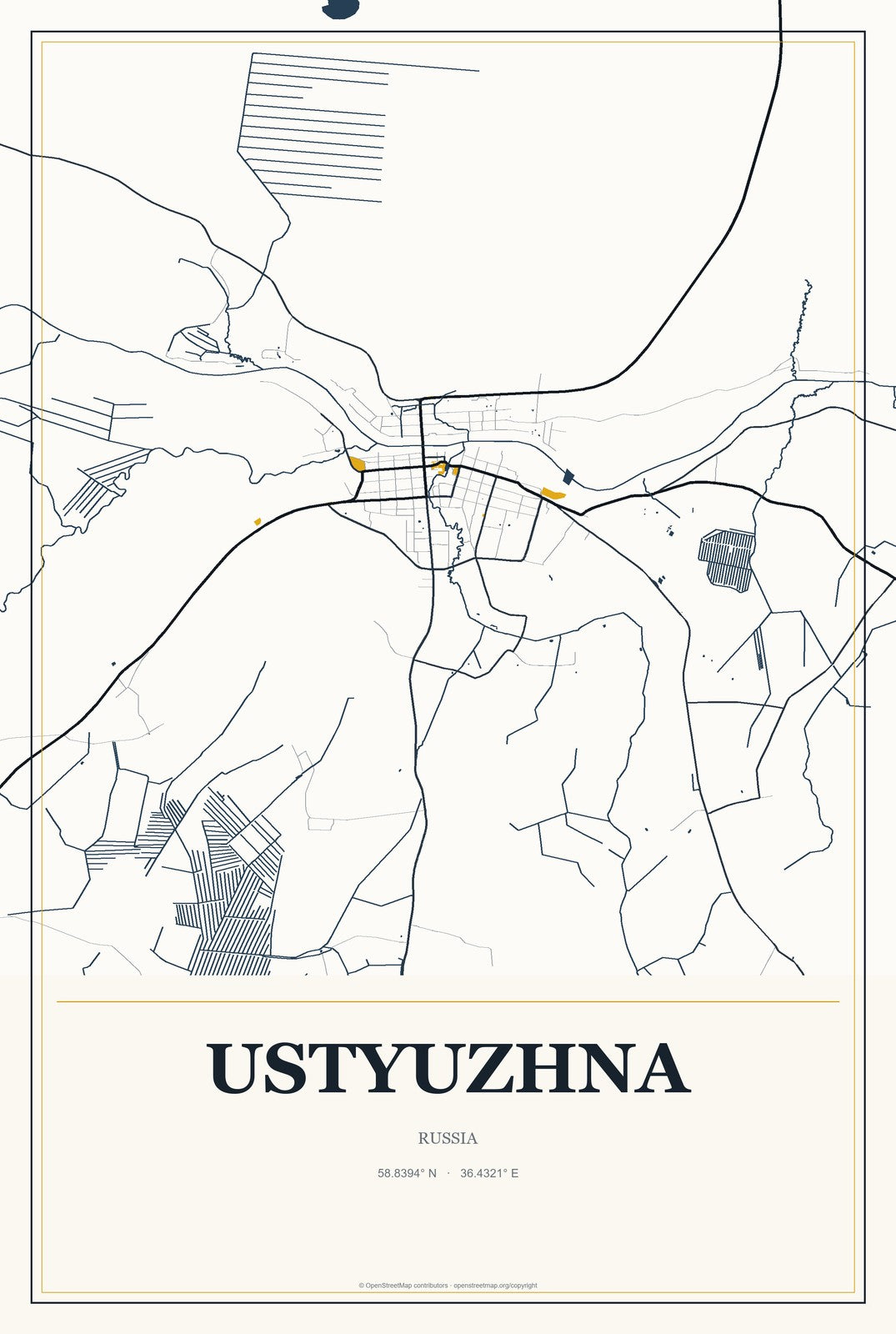 Ustyuzhna, Russia City Map Aluminum Sign in Citrine Modern style