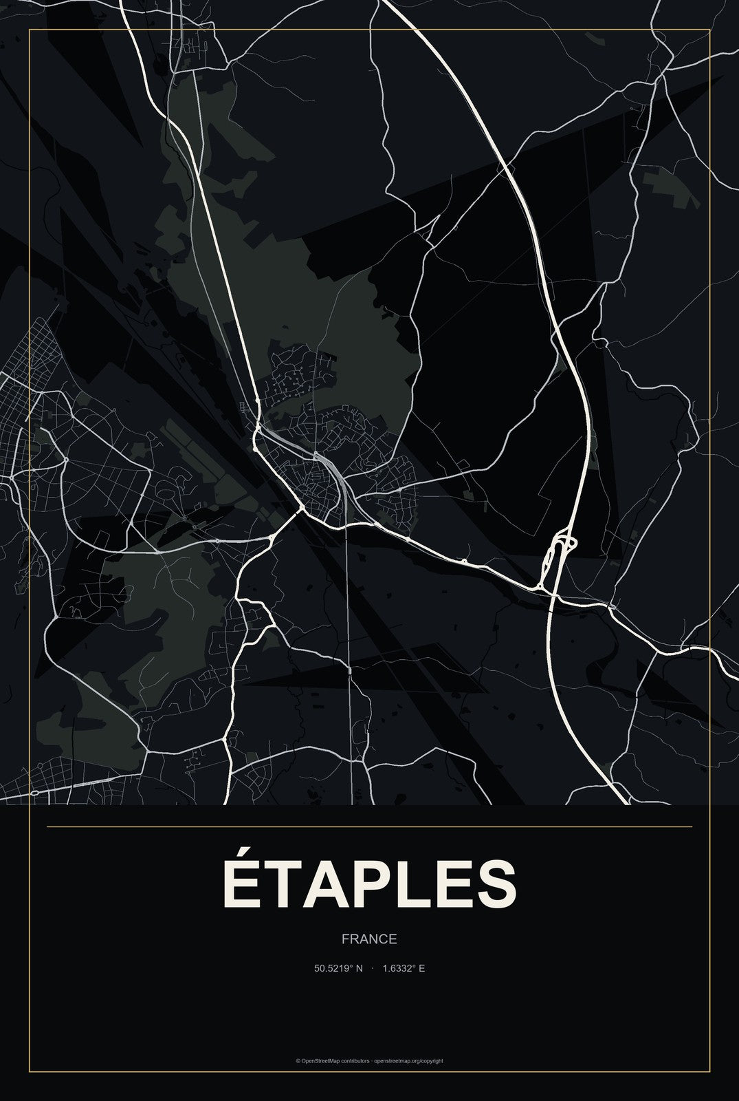 Étaples, France City Map Aluminum Sign in Metropolitan Noir style