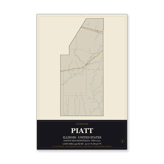 Piatt County, Illinois Map Aluminum Sign in Museum Plaque style