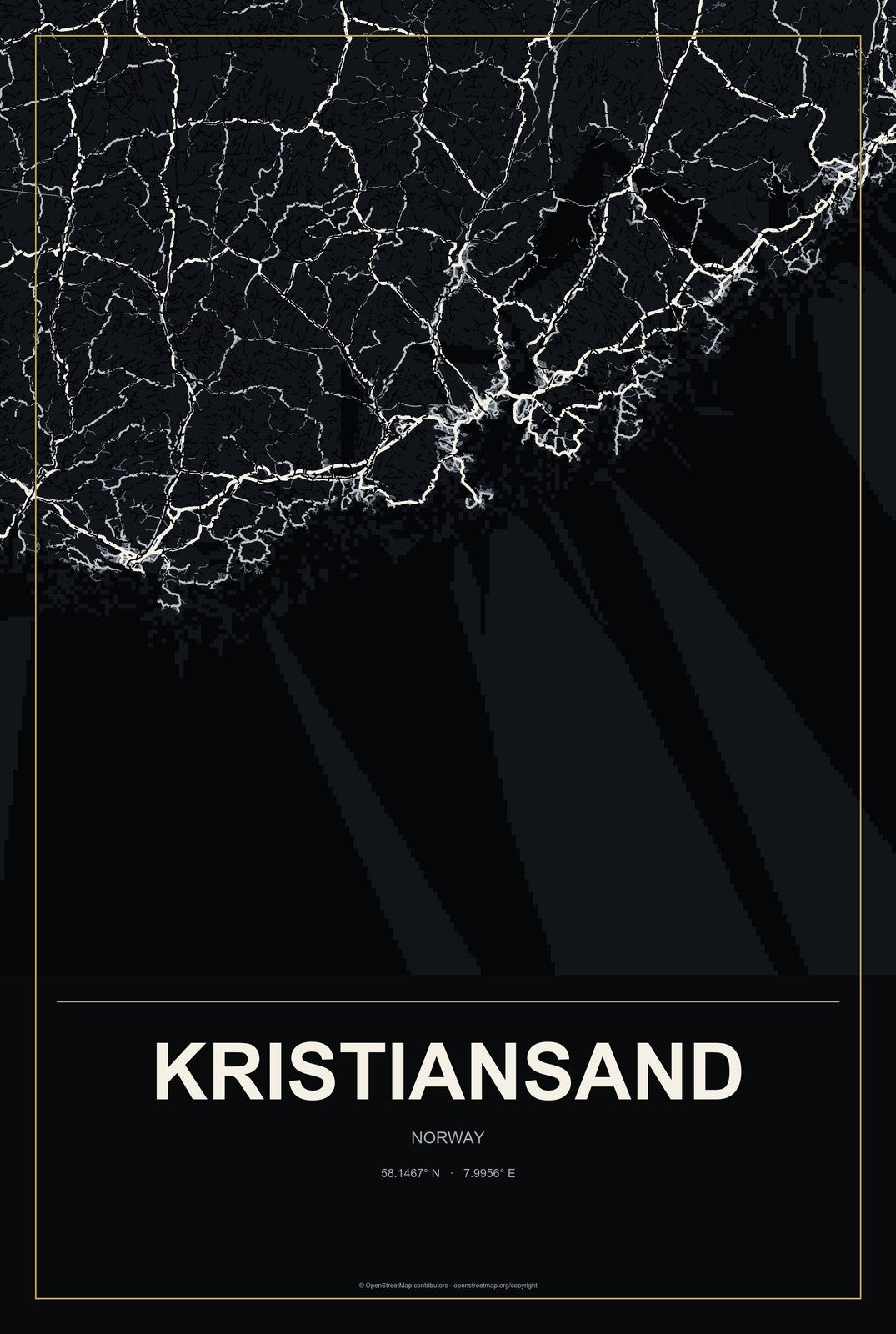 Kristiansand, Norway City Map Aluminum Sign in Metropolitan Noir style