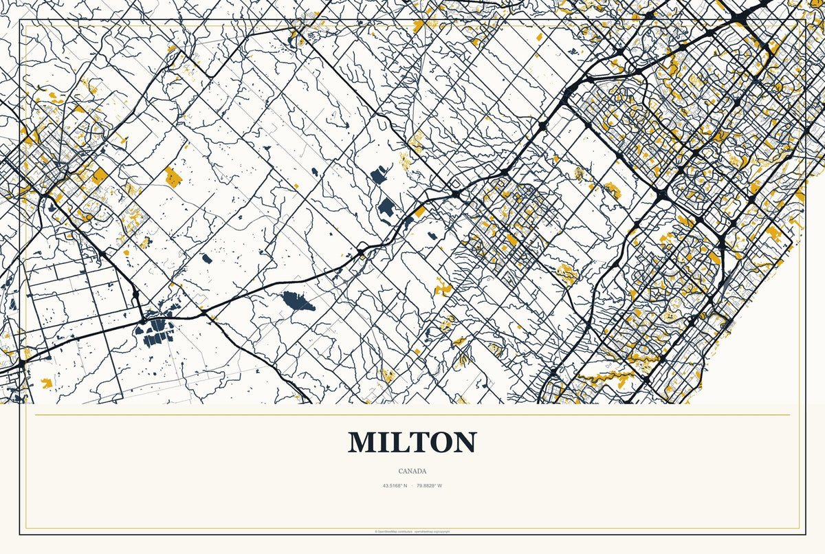Milton, Canada City Map Aluminum Sign in Citrine Modern style