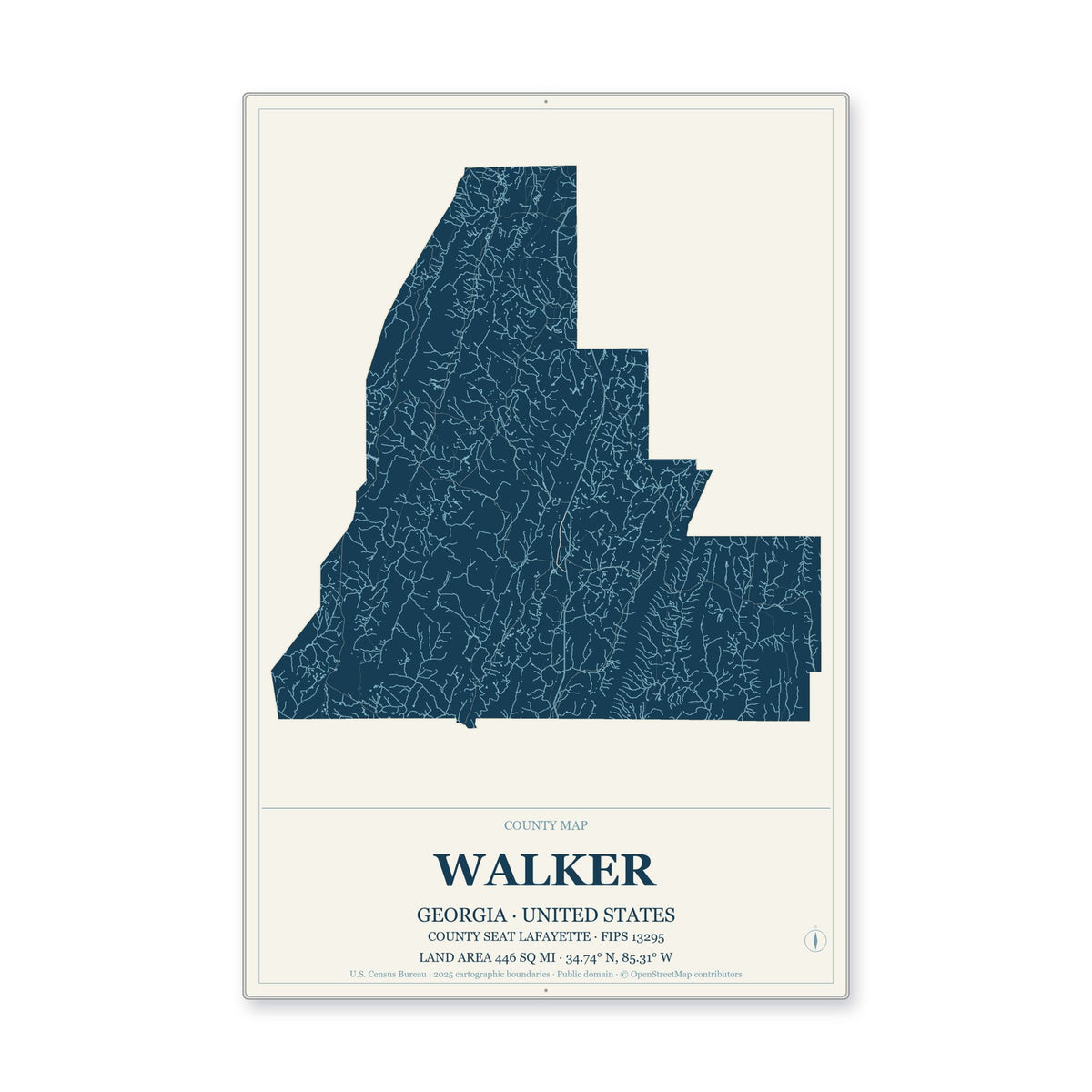 Walker County, Georgia Map Aluminum Sign in Coastal Cutout style