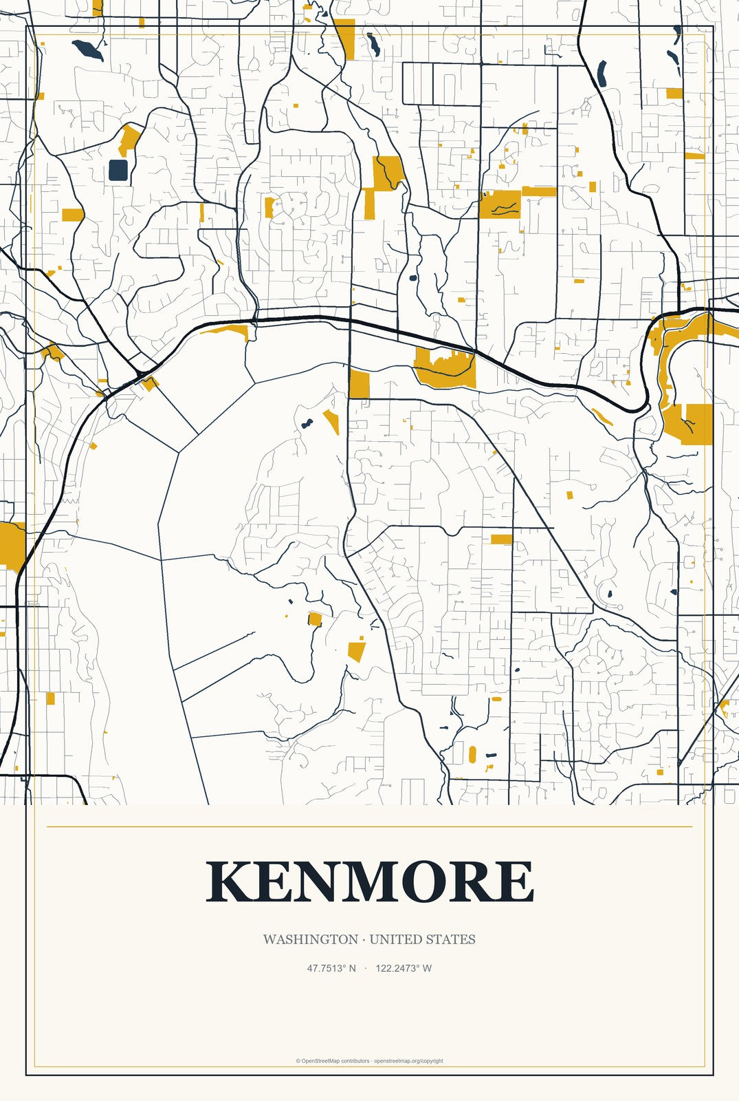 Kenmore, Washington City Map Aluminum Sign in Citrine Modern style