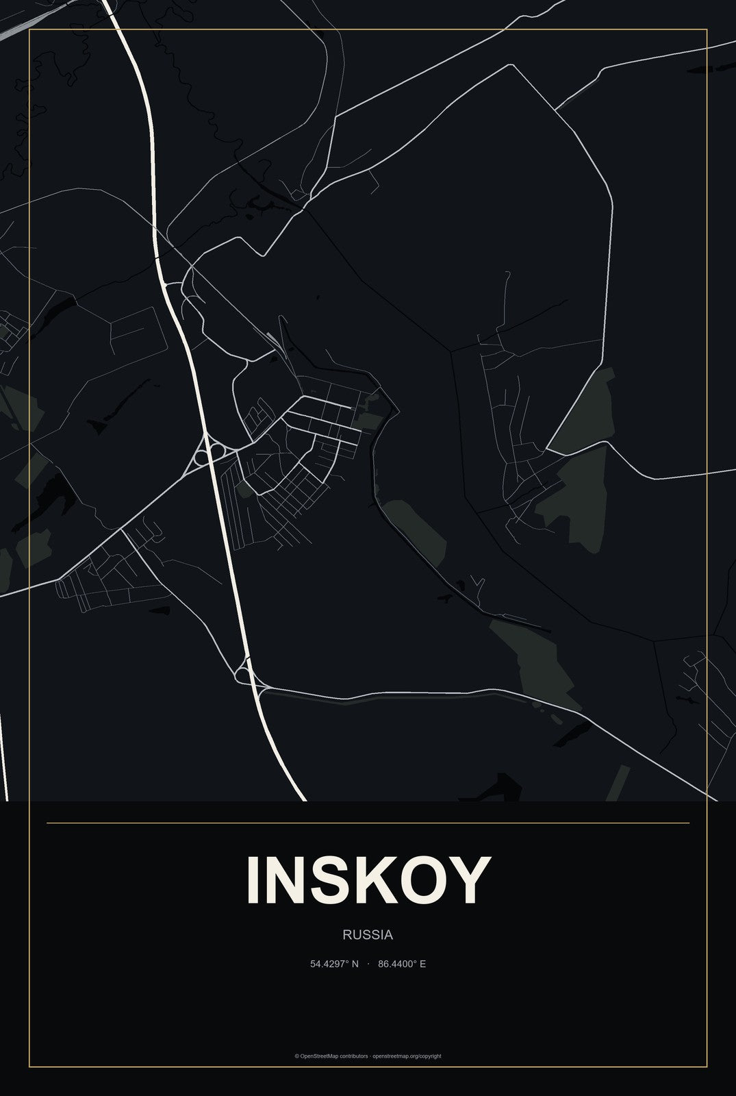 Inskoy, Russia City Map Aluminum Sign in Metropolitan Noir style