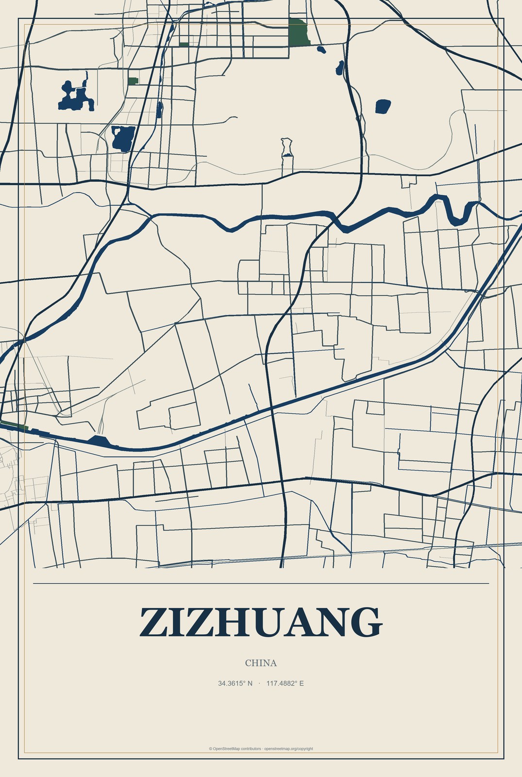 Zizhuang, China City Map Aluminum Sign in Coastal Cutout style