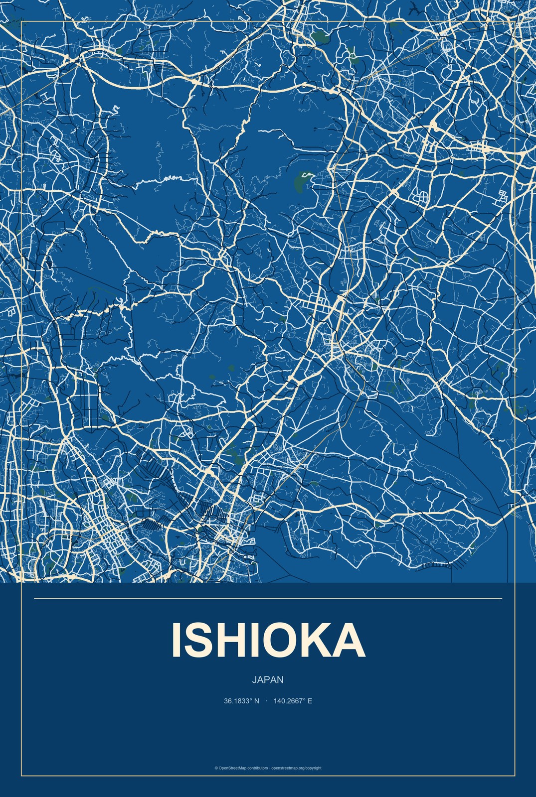 Ishioka, Japan City Map Aluminum Sign in Harbor Cobalt style