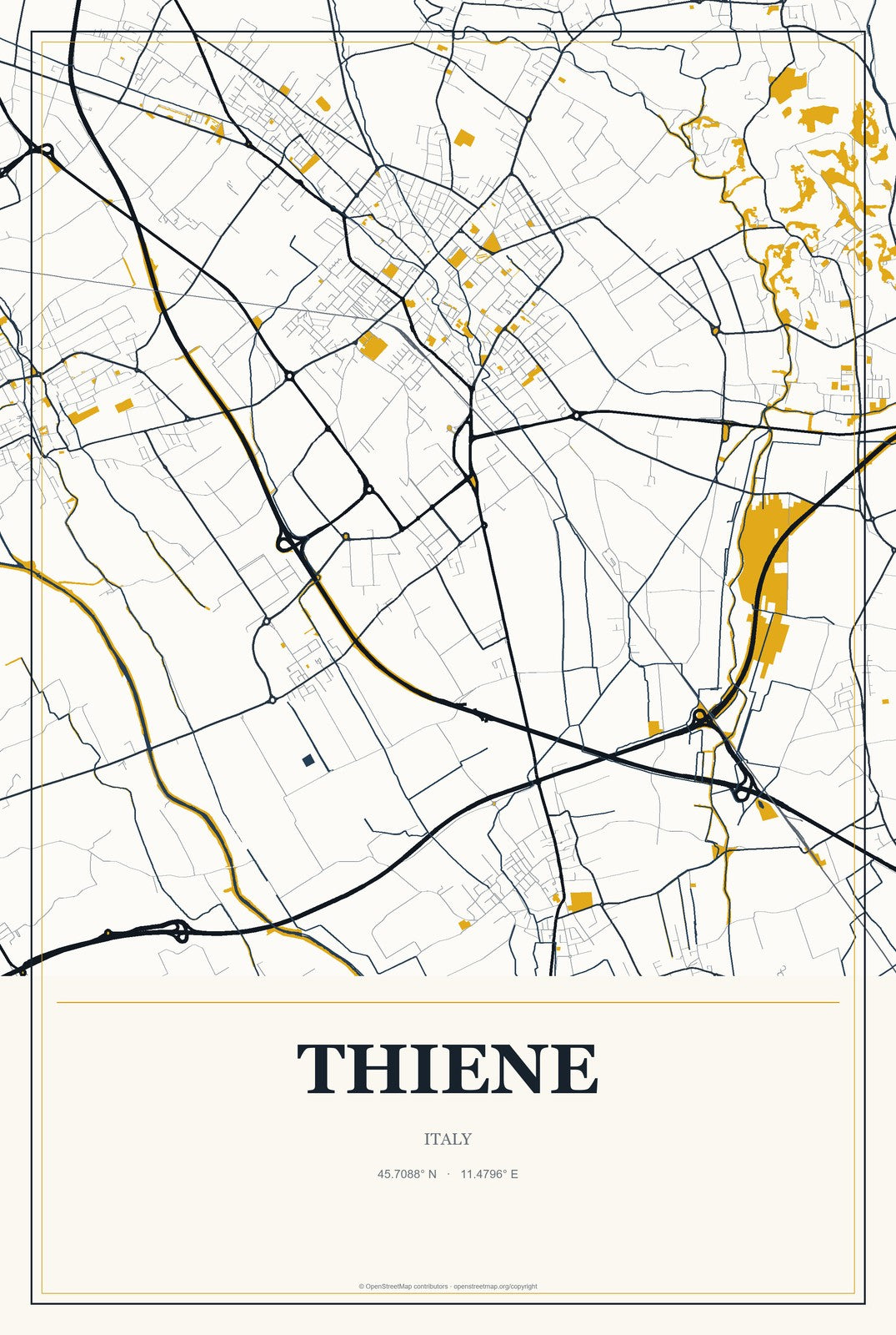 Thiene, Italy City Map Aluminum Sign in Citrine Modern style