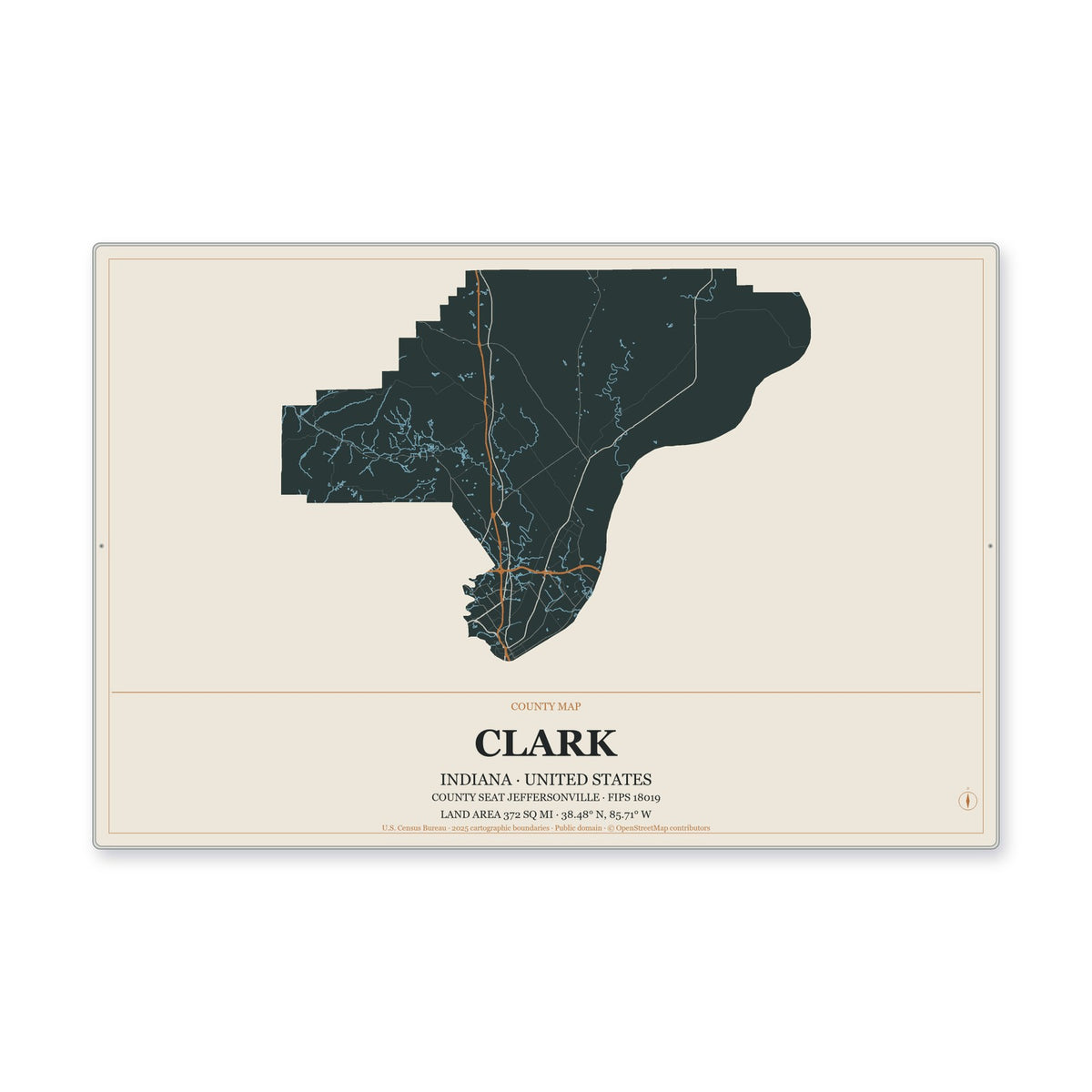 Clark County, Indiana Map Aluminum Sign in Headline Atlas style