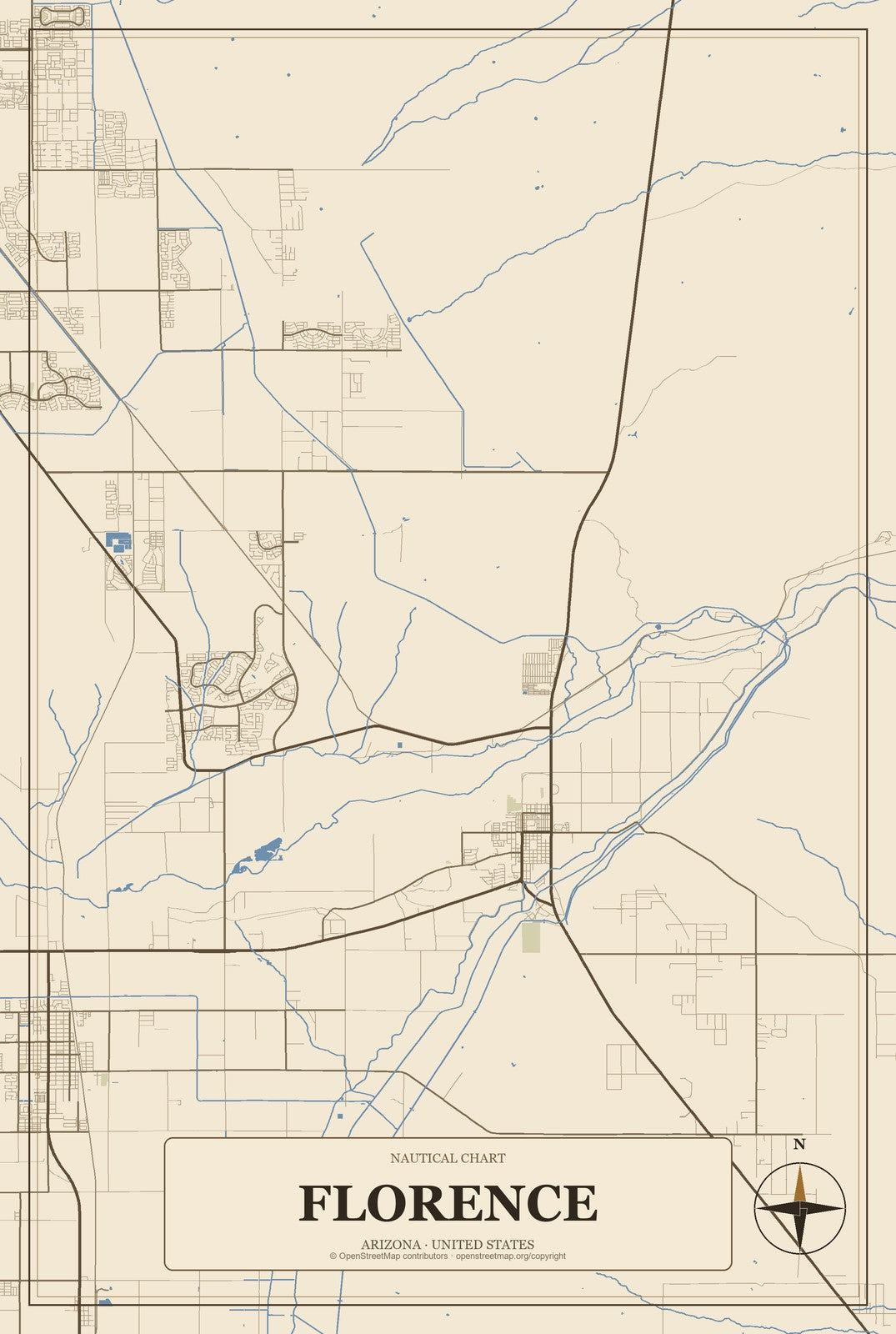 Florence, Arizona City Map Aluminum Sign in Heritage Nautical style