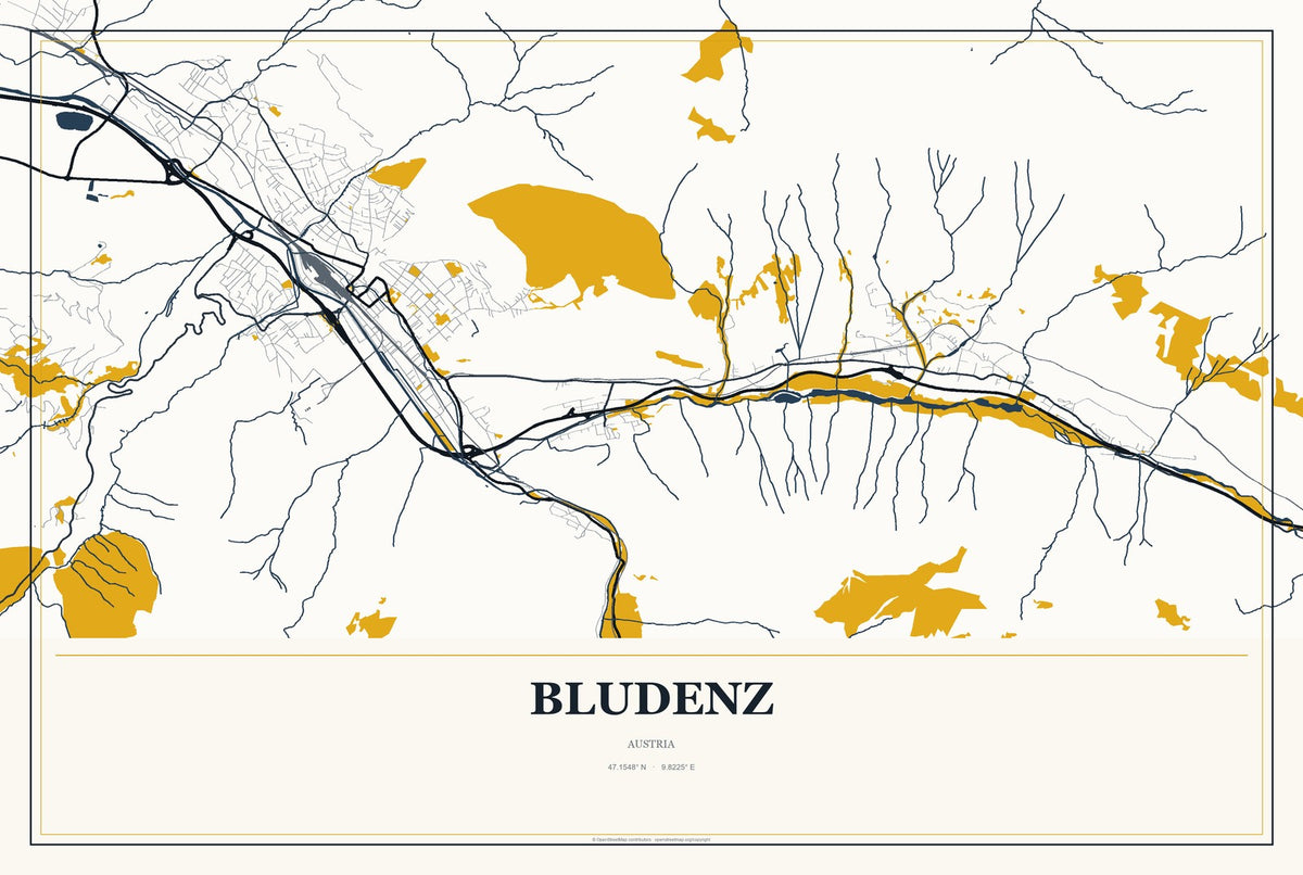 Bludenz, Austria City Map Aluminum Sign in Citrine Modern style