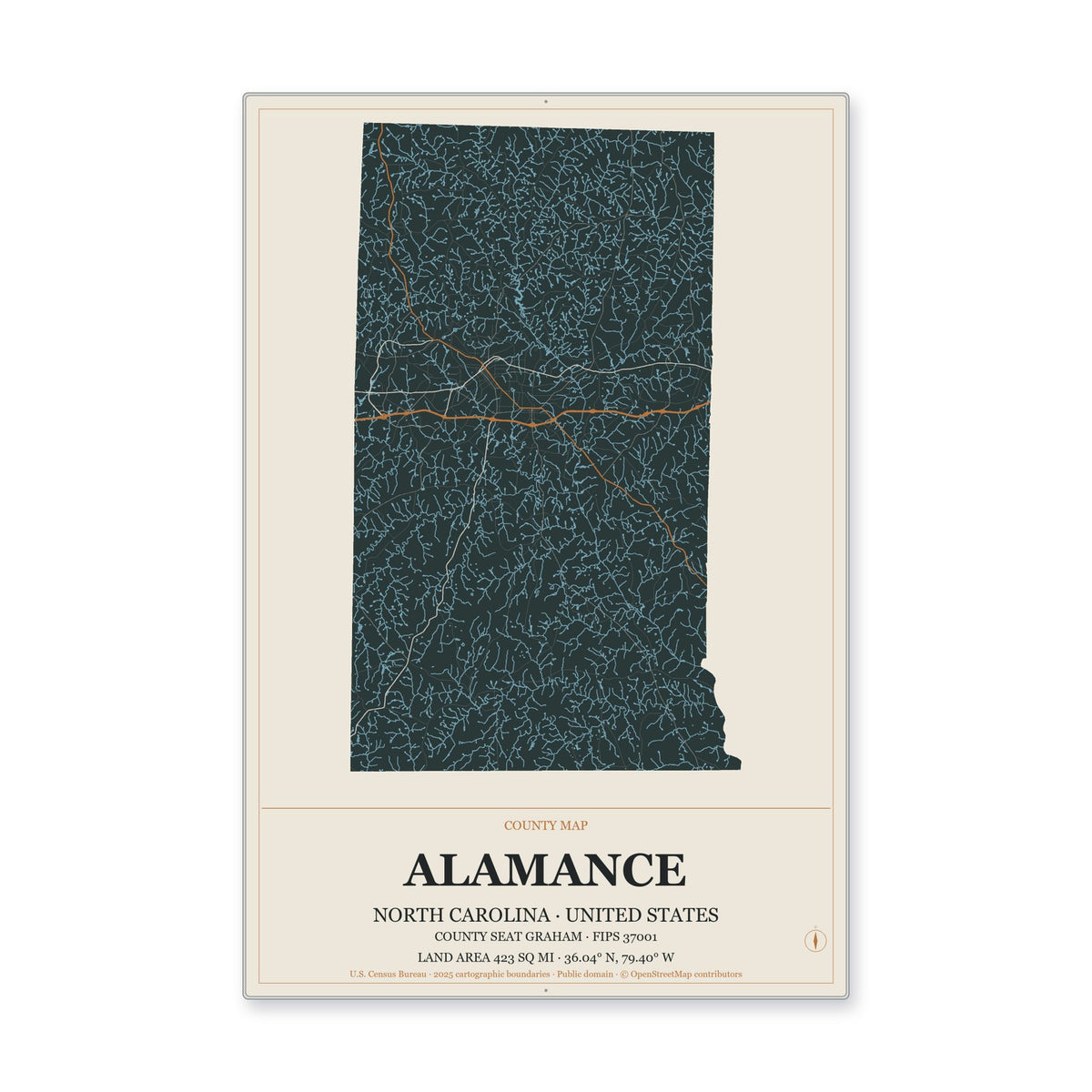 Alamance County, North Carolina Map Aluminum Sign in Headline Atlas style
