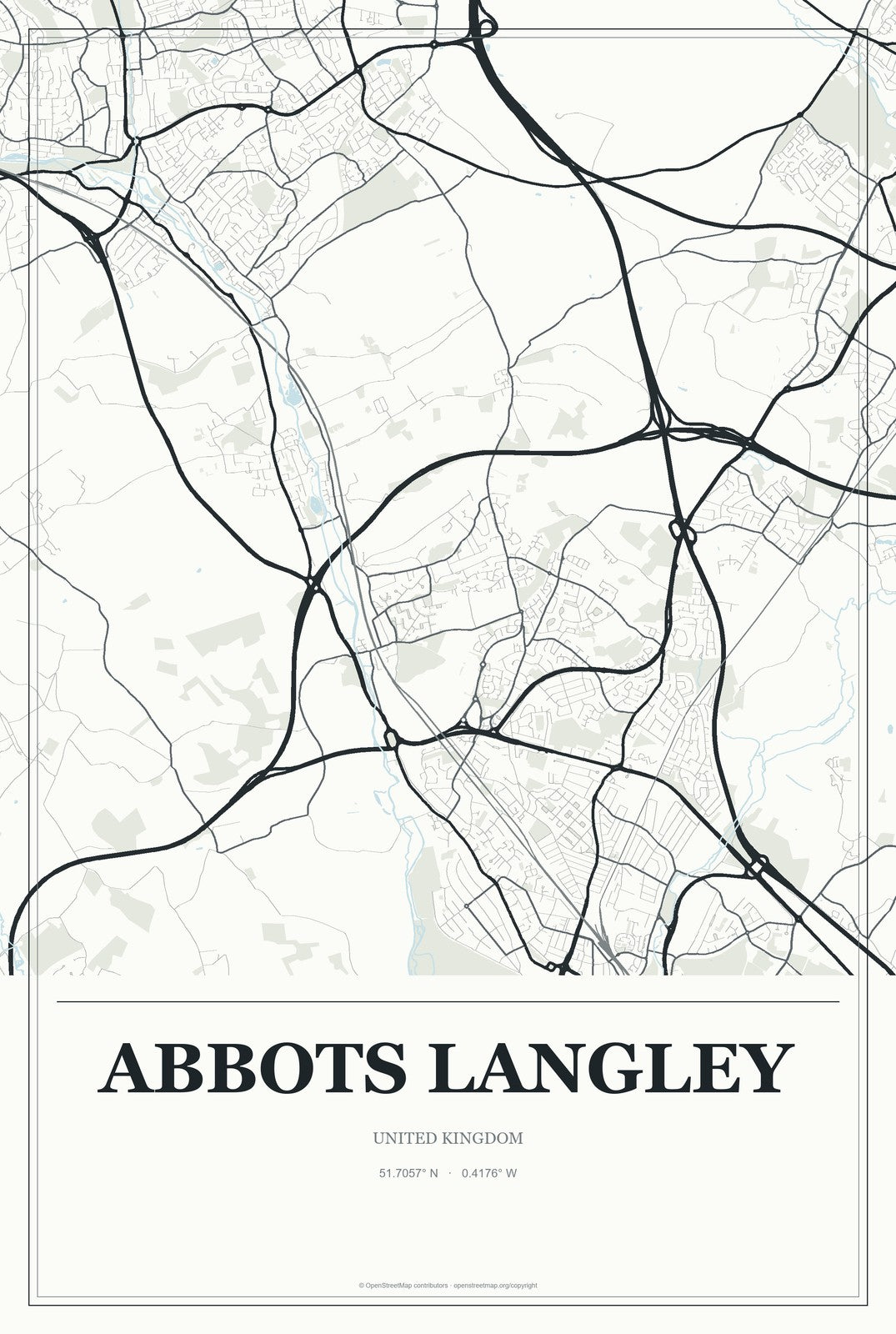 Abbots Langley, United Kingdom City Map Aluminum Sign in Gallery Air style