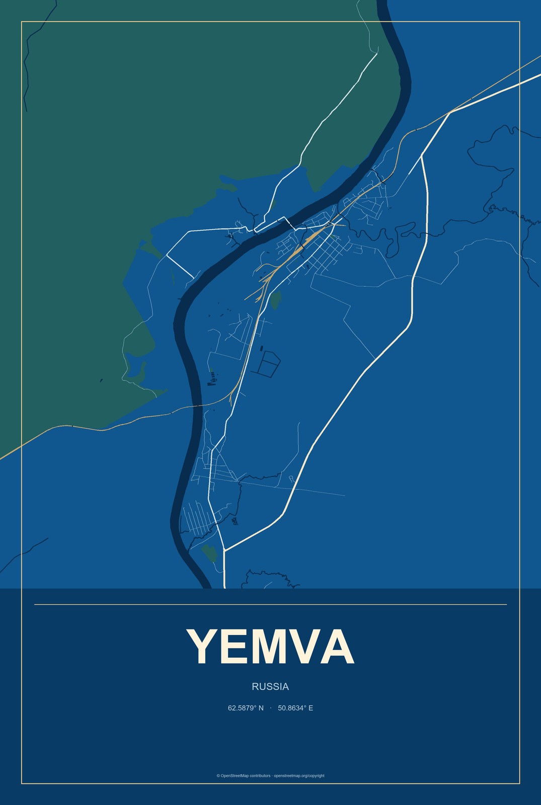 Yemva, Russia City Map Aluminum Sign in Harbor Cobalt style