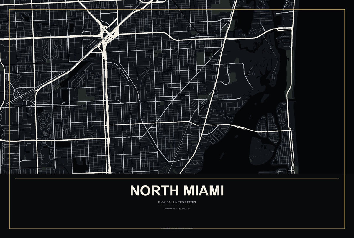 North Miami, Florida City Map Aluminum Sign in Metropolitan Noir style