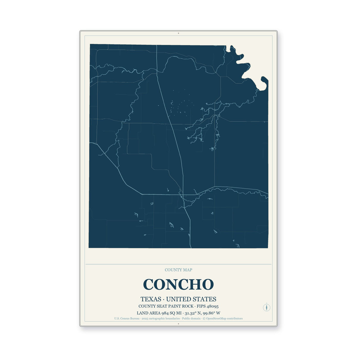 Concho County, Texas Map Aluminum Sign in Coastal Cutout style