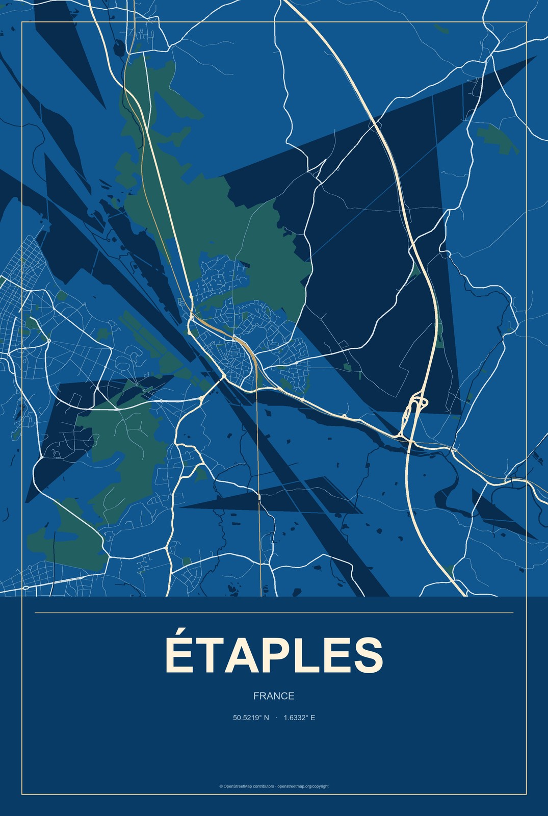 Étaples, France City Map Aluminum Sign in Harbor Cobalt style