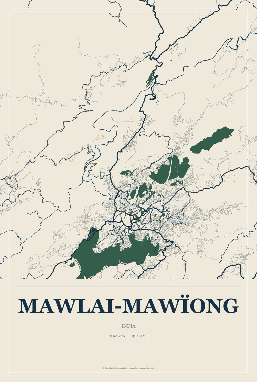 Mawlai-Mawïong, India City Map Aluminum Sign in Coastal Cutout style