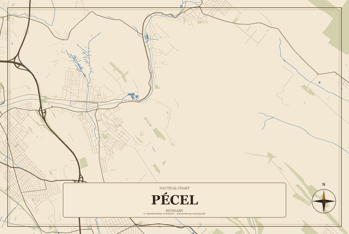 Pécel, Hungary City Map Aluminum Sign in Heritage Nautical style