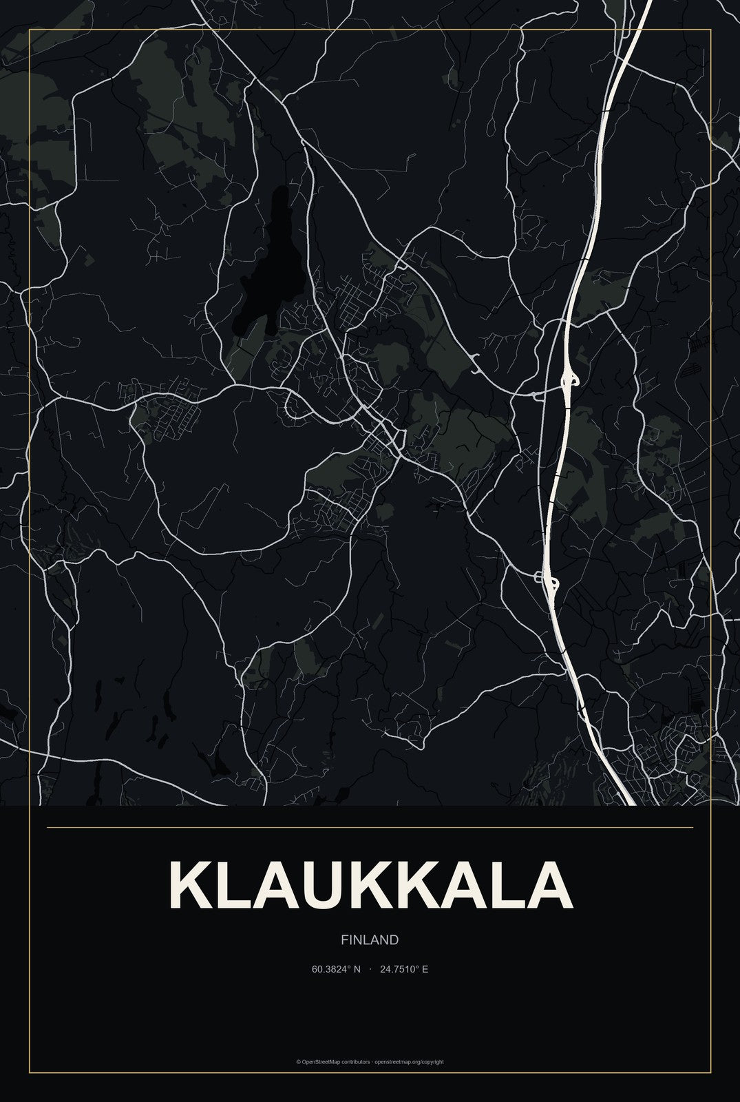 Klaukkala, Finland City Map Aluminum Sign in Metropolitan Noir style