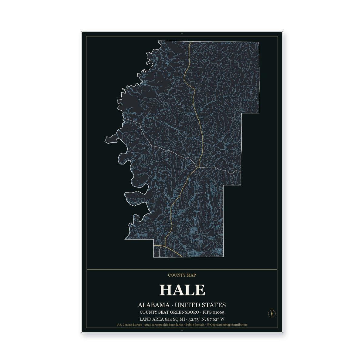 Hale County, Alabama Map Aluminum Sign in Metropolitan Noir style